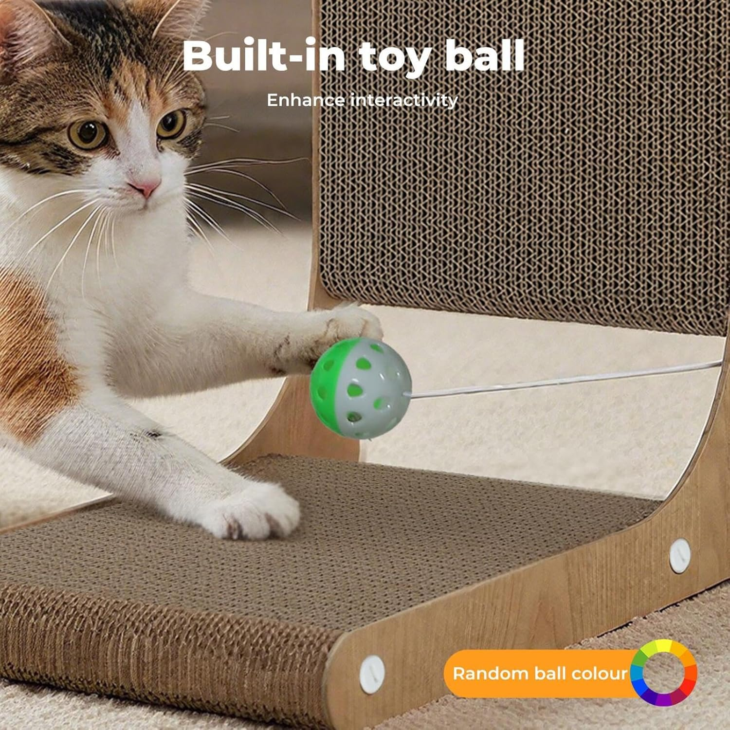 Pawz Cat Scratcher, L Shape Cardboard Cat Scratching with Ball Toy, Multi-Functional Pet Cat Scratch Board, Eco-Friendly and Durable, Protect Furniture, Cat Furniture for Indoor Cats image number 4
