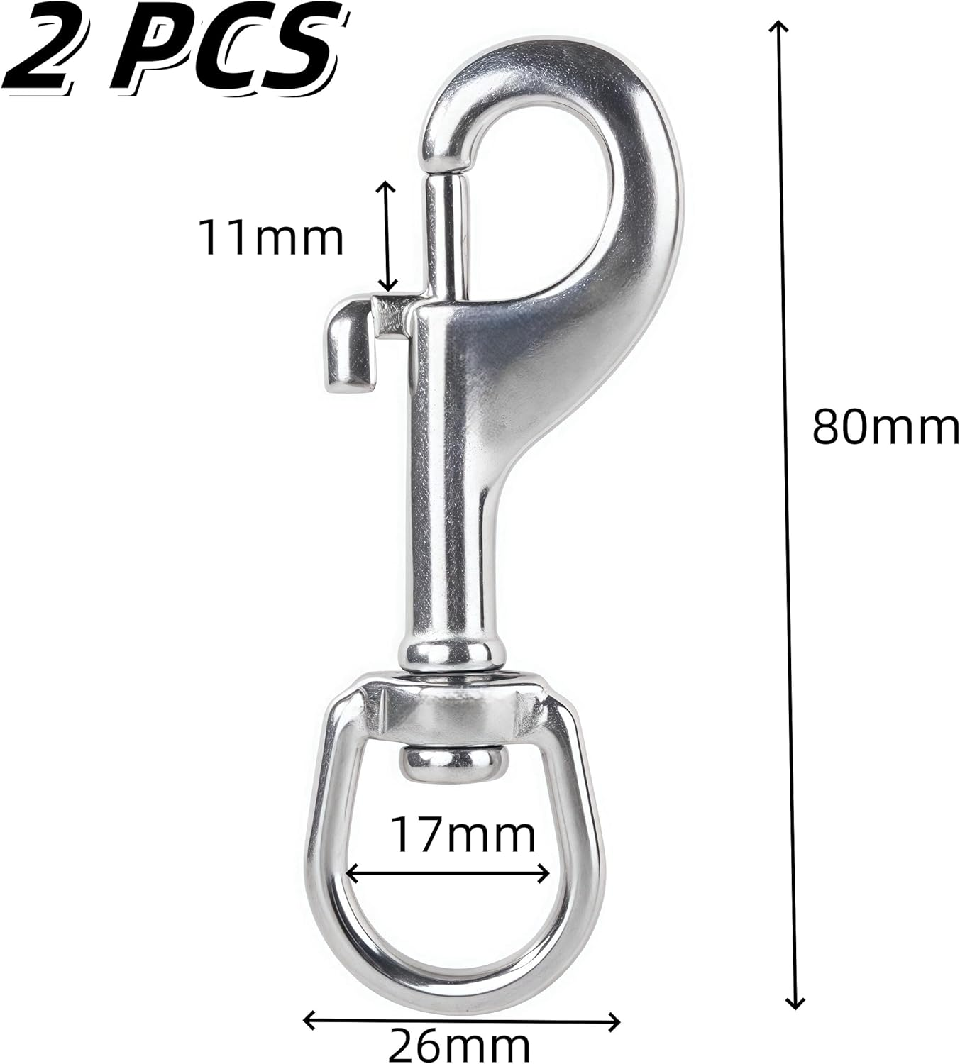 2 Pcs Marine Grade Scuba Diving Clip,Heavy Duty Stainless Steel 316 Swivel Eye Bolt Snap Hook,80 Mm Single Ended Snap Clips for Scuba Diving,Pet Leash,Keychain,Tarp Covers,Clothesline image number 3