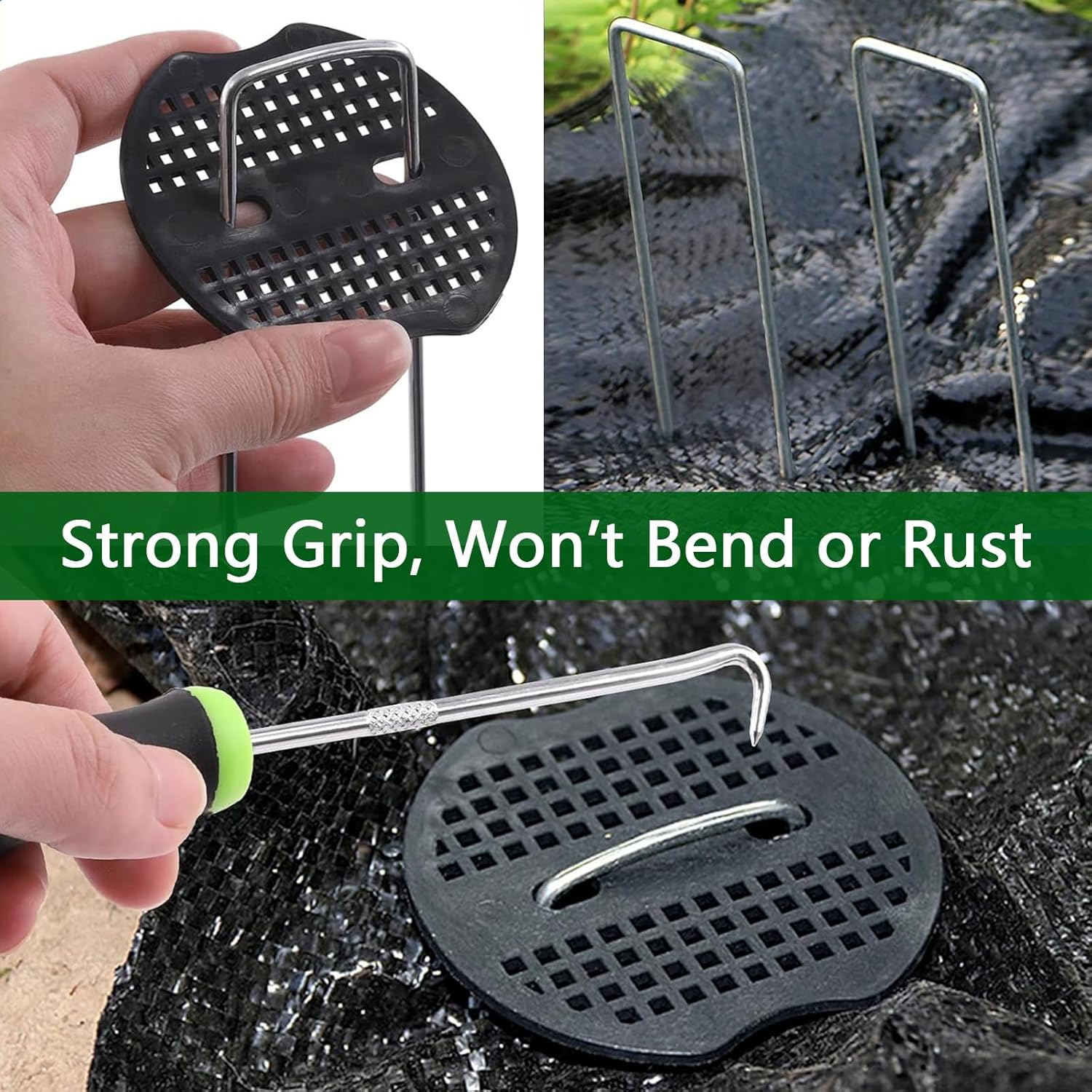 Garden Stakes, 6 Inch 11 Gauge 100Pcs Galvanized Landscape Staples + 100Pcs Plastic Gaskets + 1 Pick Hook, Heavy Duty Sod Pins Landscape Pins Lawn Stakes for Weed Barrier Fabric, Ground Cover, Fence image number 4