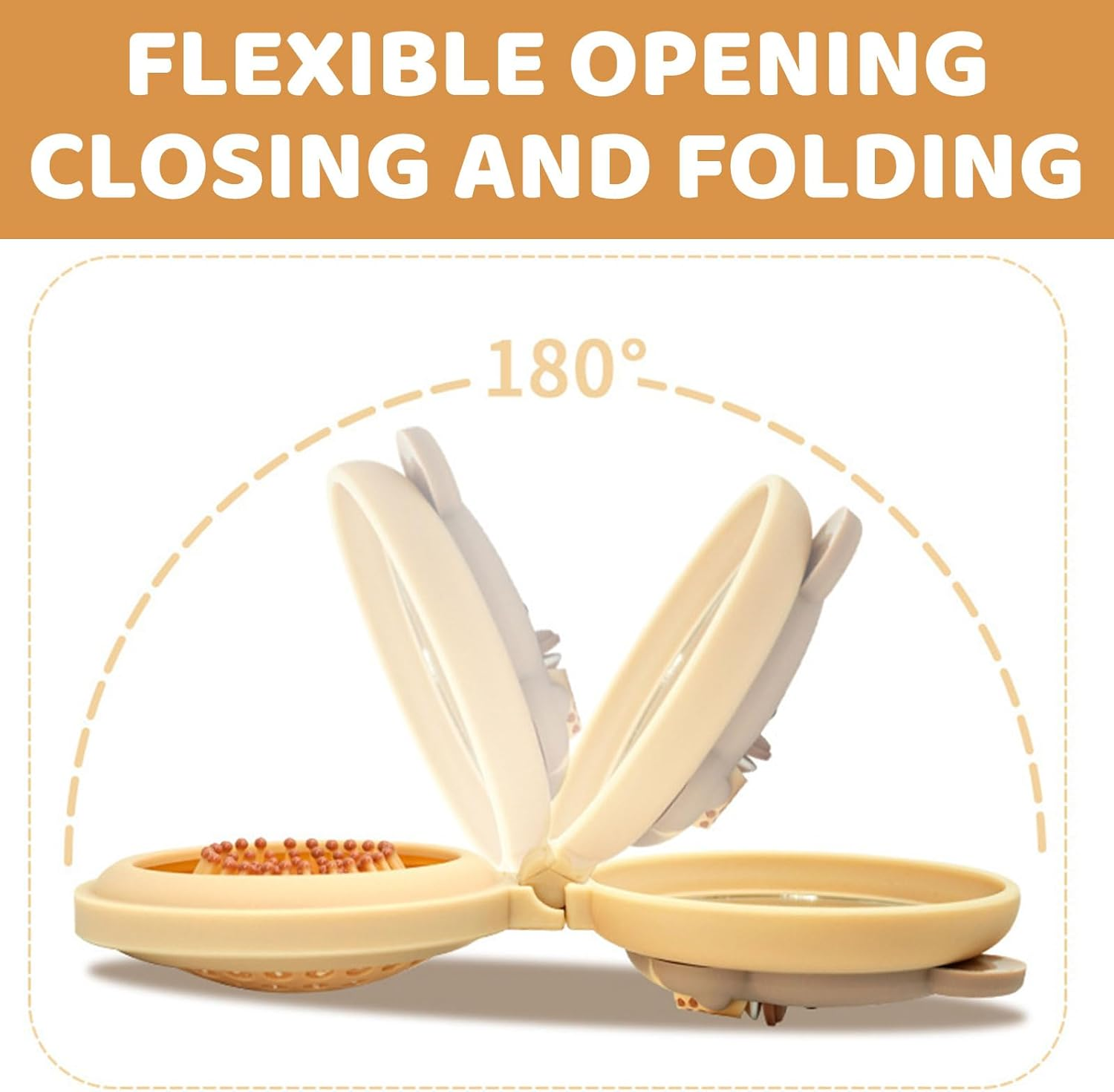 Muorruo Mini Travel Hairbrush for Kids, round Folding Mirror and Small Hairbrush for Boys and Girls, Baby Detangling Brush, Massage Hairbrush with Air Cushion for Thick Hair (Beige) image number 2