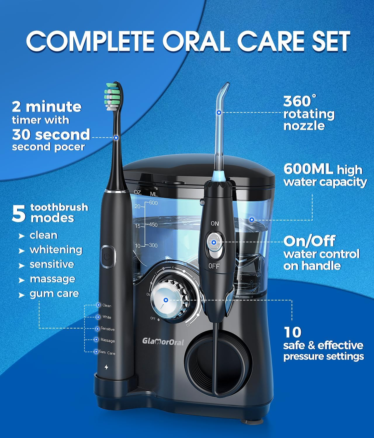Electric Toothbrush and Water Flosser,600Ml Oral Irrigator Water Flosser with 7 Jet Tips,10 Adjustable Pressure Settings,Sonic Electric Toothbrush with 2 Brush Heads,5 Modes(Black) image number 4