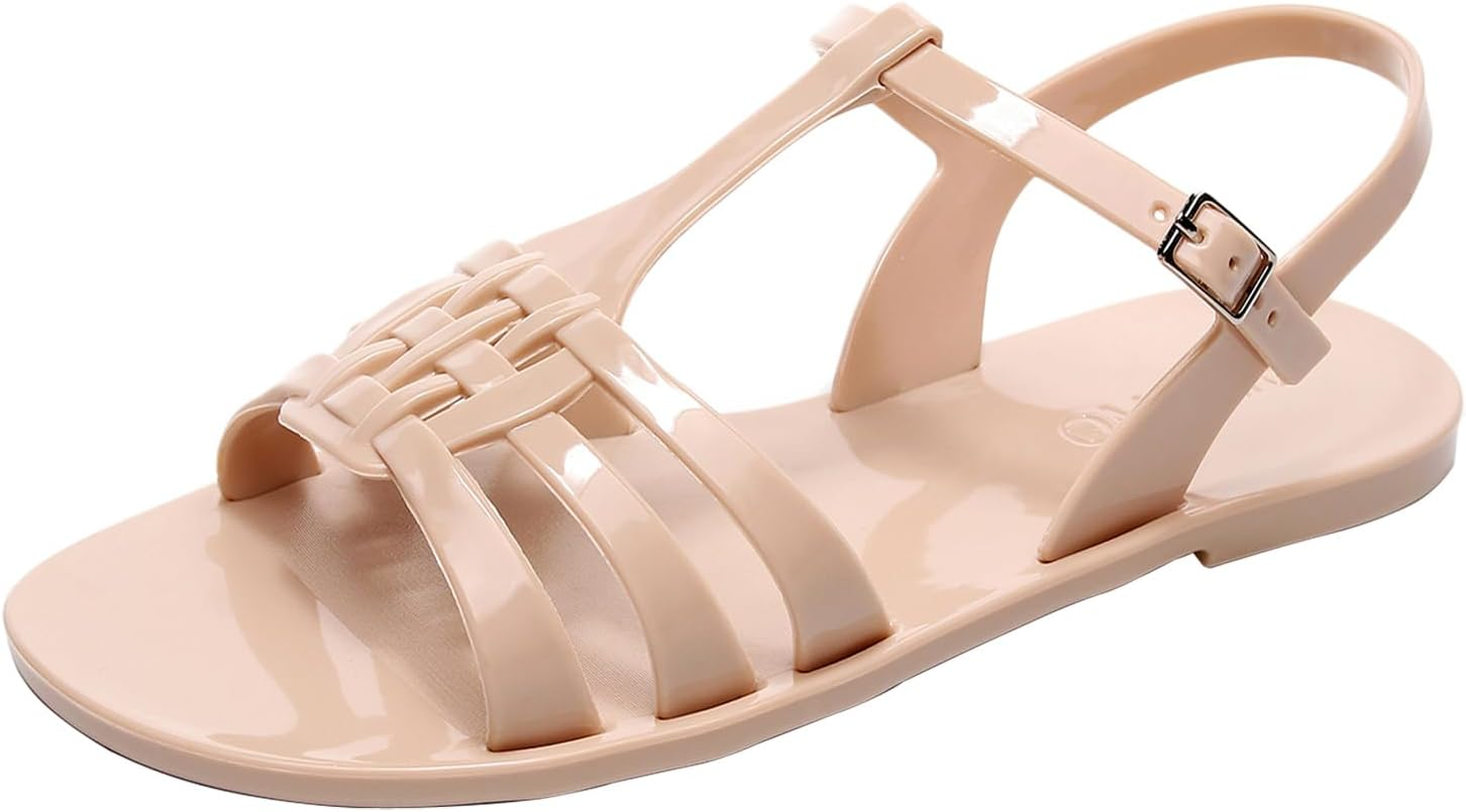 Women Sandals Jelly Shoes Flats Size 9 Beige T-Strap Crystal Jellies Slides Clear Rain Slippers Glitter Summer Beach Retro