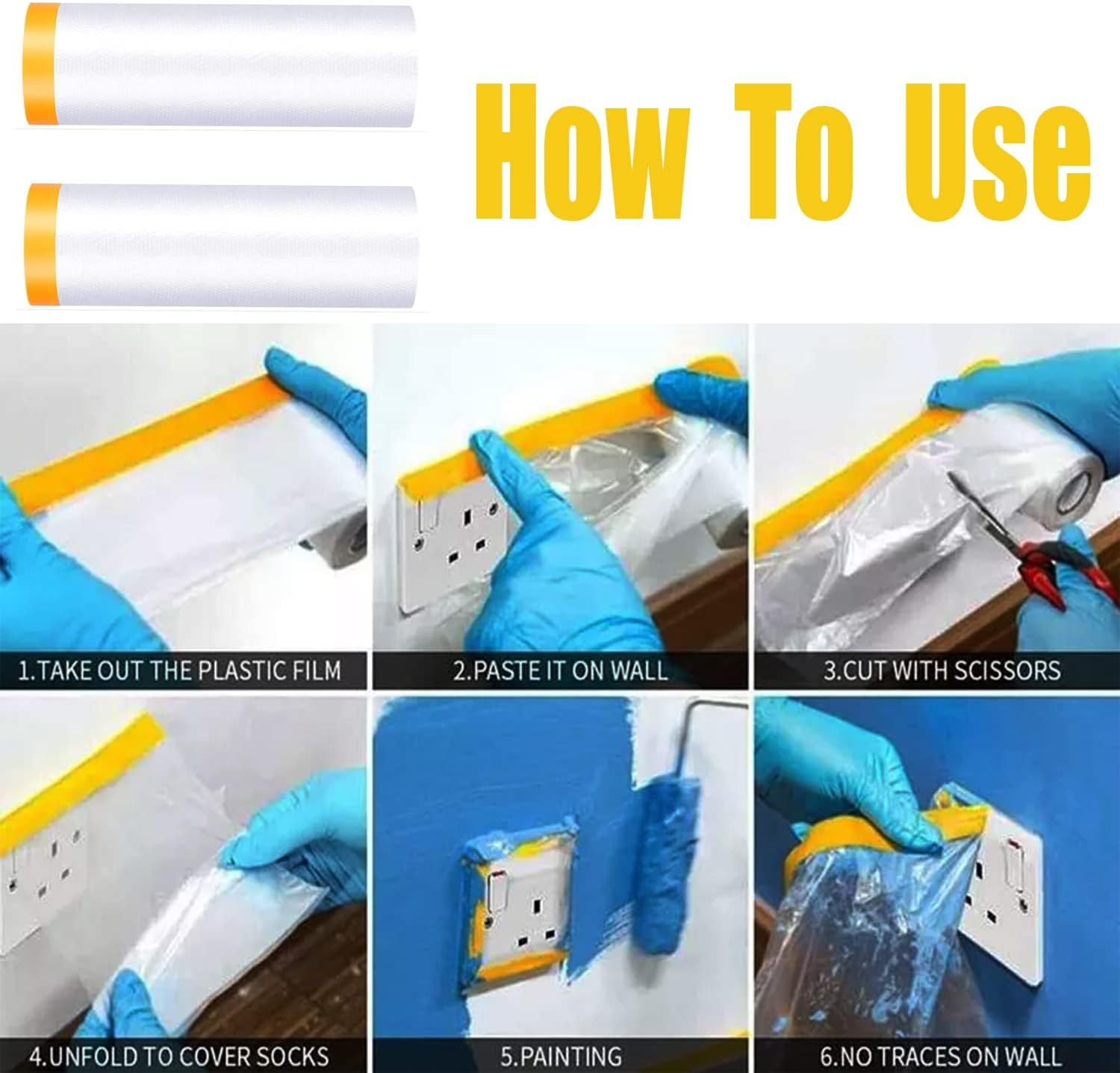 TIAMORK Tape and Drape Pre-Taped Masking Film 110&rdquo;(Unfolded) X 66 Ft Each 2 Pack General Painters Plastic Drop Cloth for Auto Wall Furniture Painting Spraying from Dust Contamination image number 5