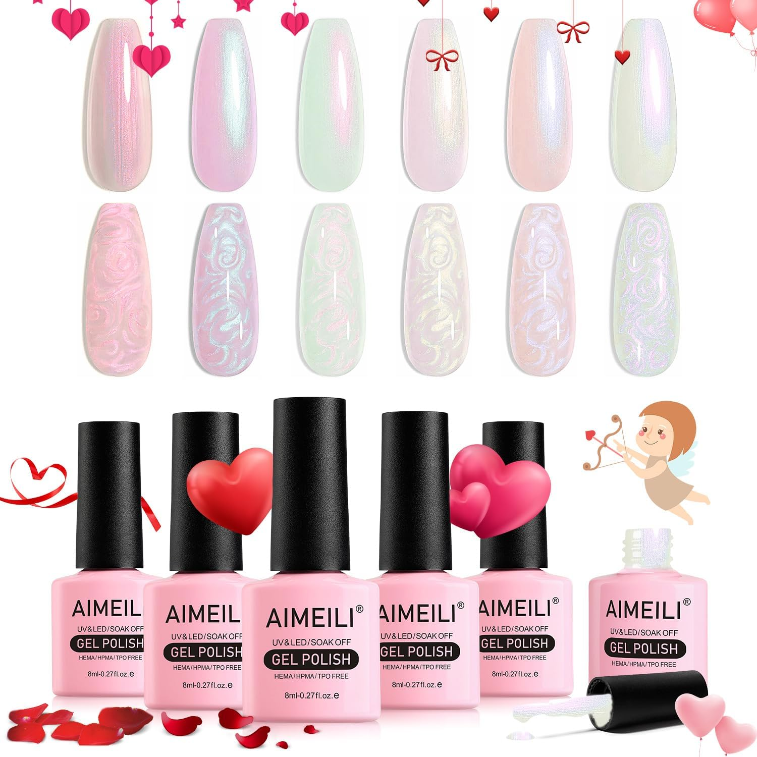 AIMEILI 8 in 1 Builder Nail Gel Set, 6Pcs Sheer Color Hard Gel Builder Base Nail Strengthening Gel Nail Extension False Nail Tips Glue Gel in a Bottle, UV LED Gel Polish 8ML Kit 35 Cruelty-Free & Vegan