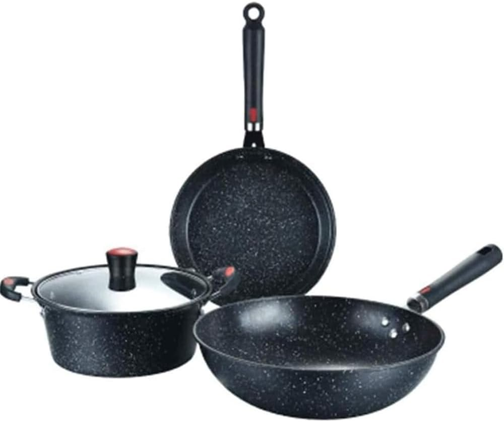 GUDAJIN 3 Piece Stone Cooking Pan, Non-Stick Frying Pan, Home Kitchenware Non-Stick Cookware Set, Pans, Frying Pans and Stew Pans Set for Baking, Grilling, Frying, Roasting image number 4