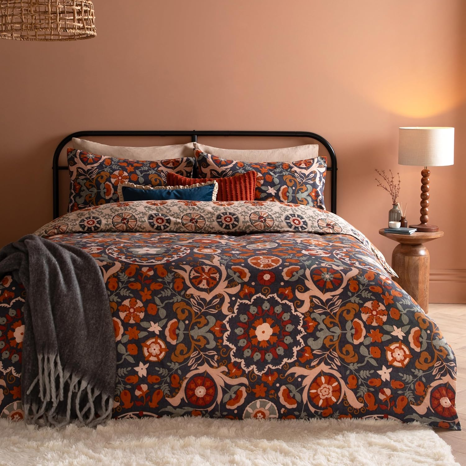 Furn. Kinfolk Duvet Cover Set &ndash; Reversible Suzani-Inspired Floral Geometric Tile Bedding Set (Denim Blue - Double) image number 2