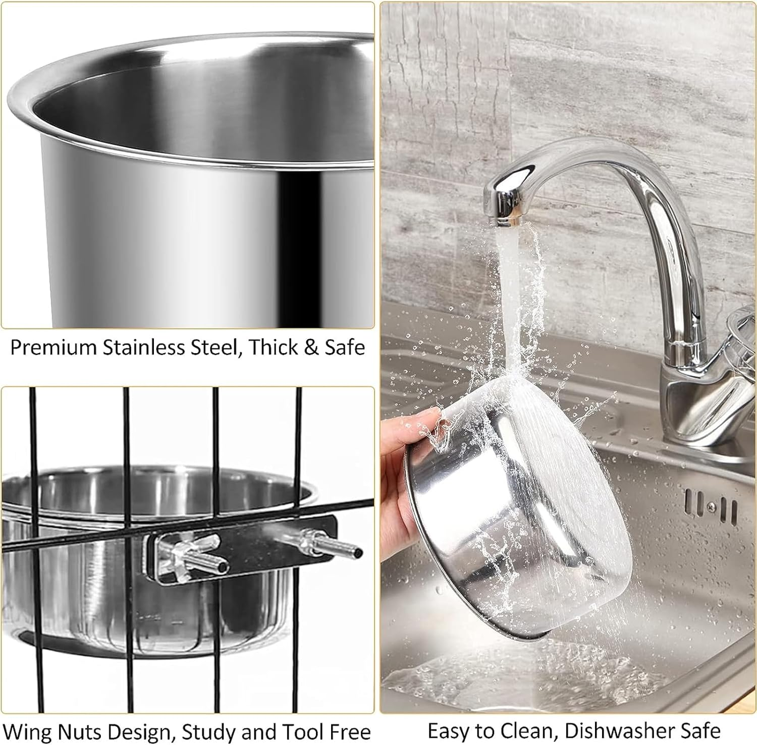 Dog Crate Water Bowl, PRENDIEEN 2 Pcs Stainless Steel Large Dog Bowls, Durable Anti-Spill Pet Metal Bowl for Cage Kennel Crate, Hanging Water/Food Bowl for Medium & Large Dogs (18X9.4 & 16X6.6Cm) image number 4