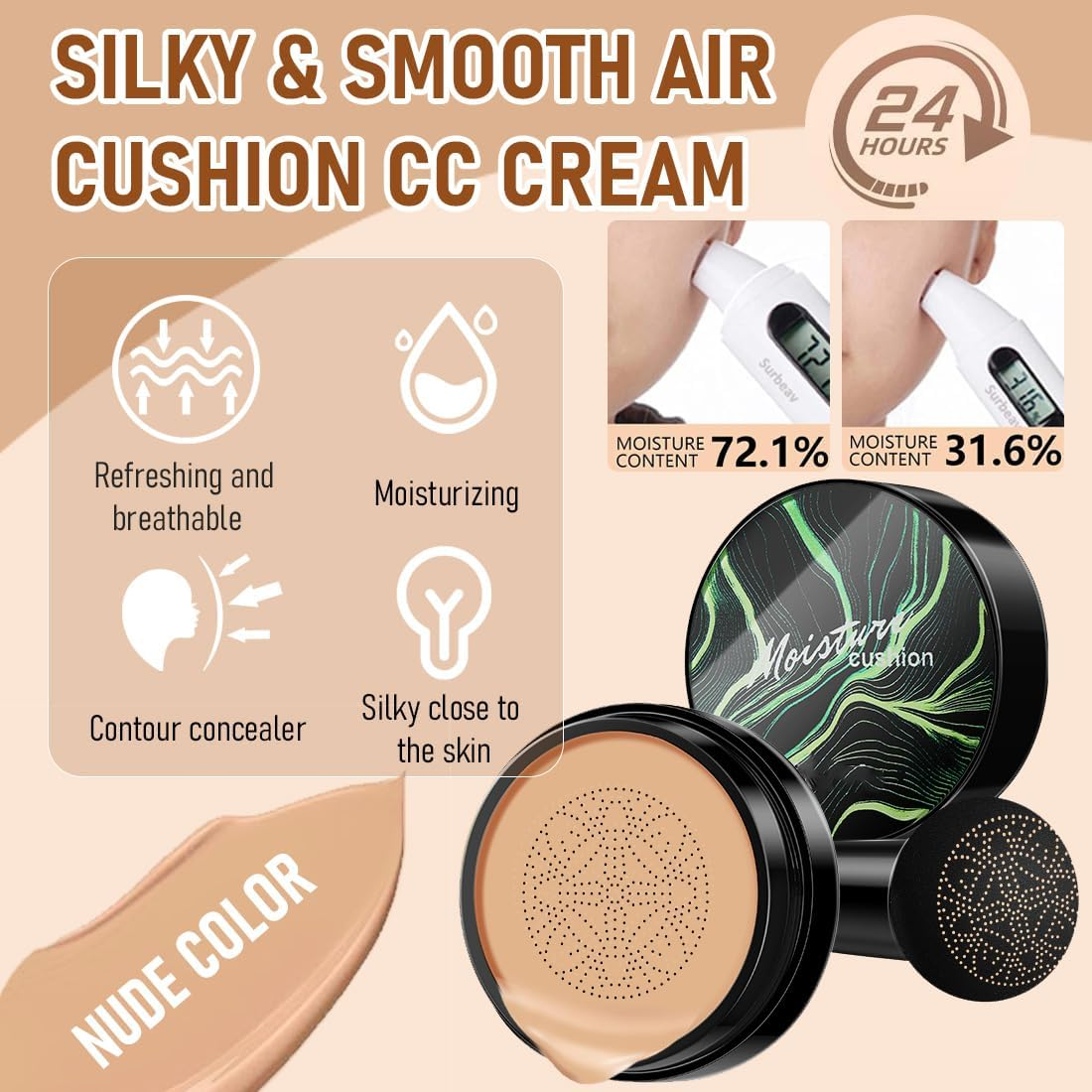 Mushroom Head Air Cushion CC Cream, Mushroom Head Air Cushion CC Cream, BB Cream Moisturising and Brightening Cushion Foundation Concealer Make up Beauty Cream (Nude Colour)
