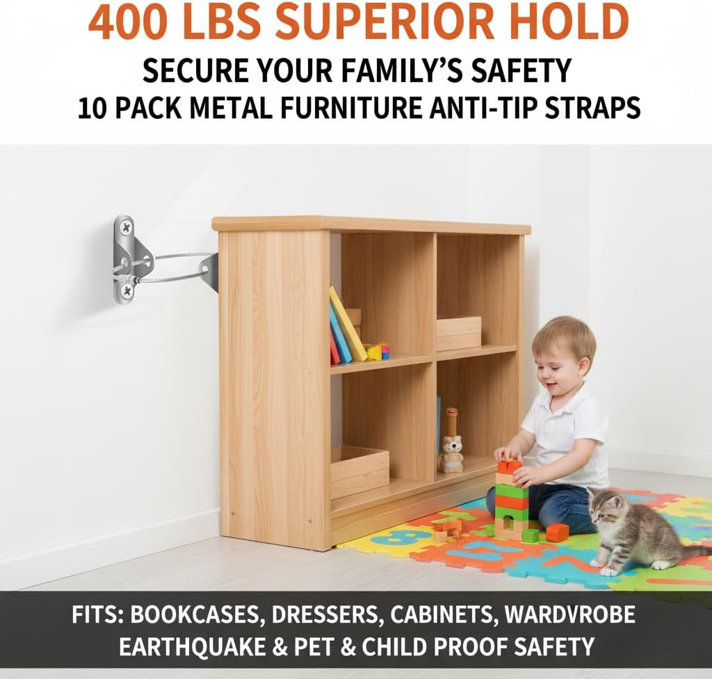 Furniture Safety Anchor, Baby Proofing Wall Anchor, Durable Metal Furniture Straps for Earthquake and Anti-Tip, Compatible with Cabinets, Wardrobes, Drawers, and Bookshelves, Easy Installation, 10 Pcs - Ruibex image number 5