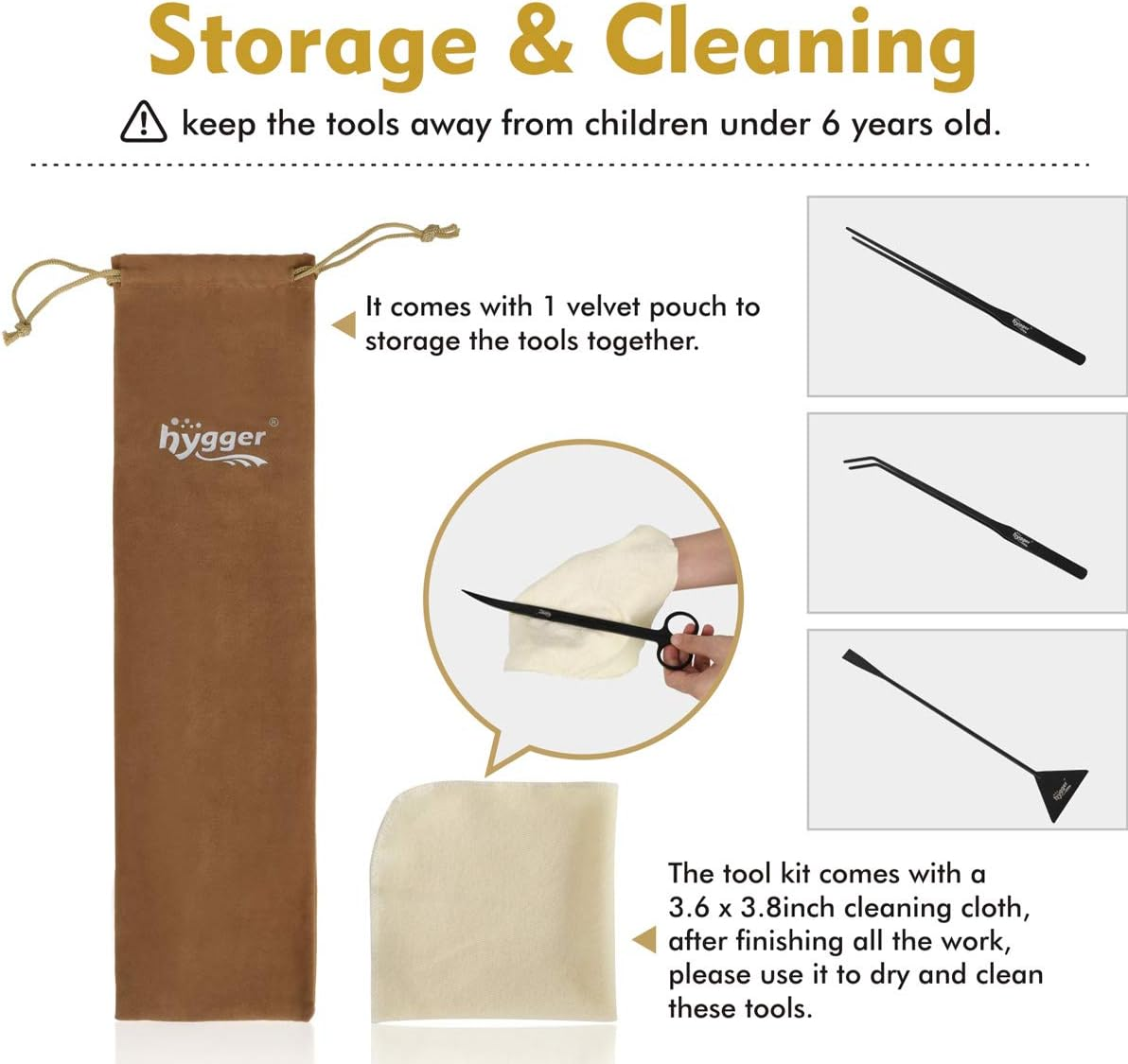 Hygger Long Stainless Steel Premium Aquarium Tools, 4 PCS Aquatic Plant Tweezers Scissors Spatula Kits Comes with 1 Cleaning Cloth, for Fish Tank Starters