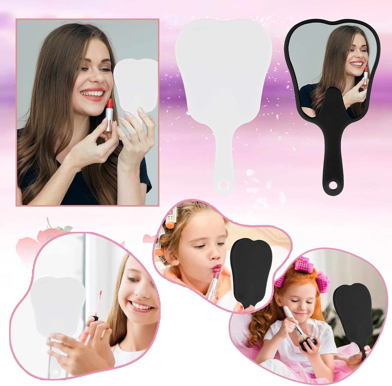 Gjinxi Tooth Shaped Handheld Mirror 2 Pcs Makeup Mirrors with Handle Portable Cosmetic Mirror Cute Dental Mirrors Single Sided Vanity Mirror Travel Looking Glass Reflector Tool for Daily Women - White, Pink image number 3