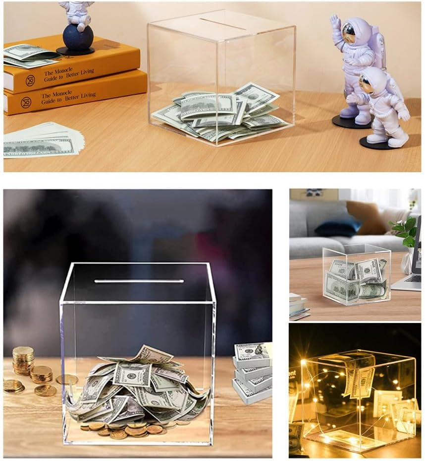 Clear Acrylic Money Box, Wanfoou Clear Piggy Bank, Unopenable Clear Piggy Bank, Saving Money Box for Storing Coins and Bills (Clear 12X12X12Cm) image number 3