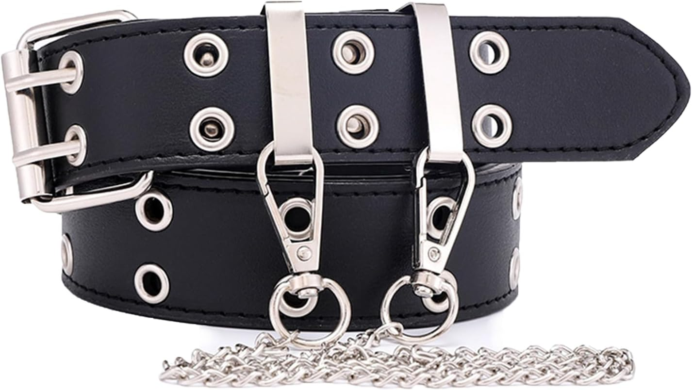 Grommet Leather Belts Y2K Punk Waist Belts PU All-Match Belt Rock Niche Design Belt with Detachable Chain Double Prong Buckle Vintage Jeans Belts for Women or Men