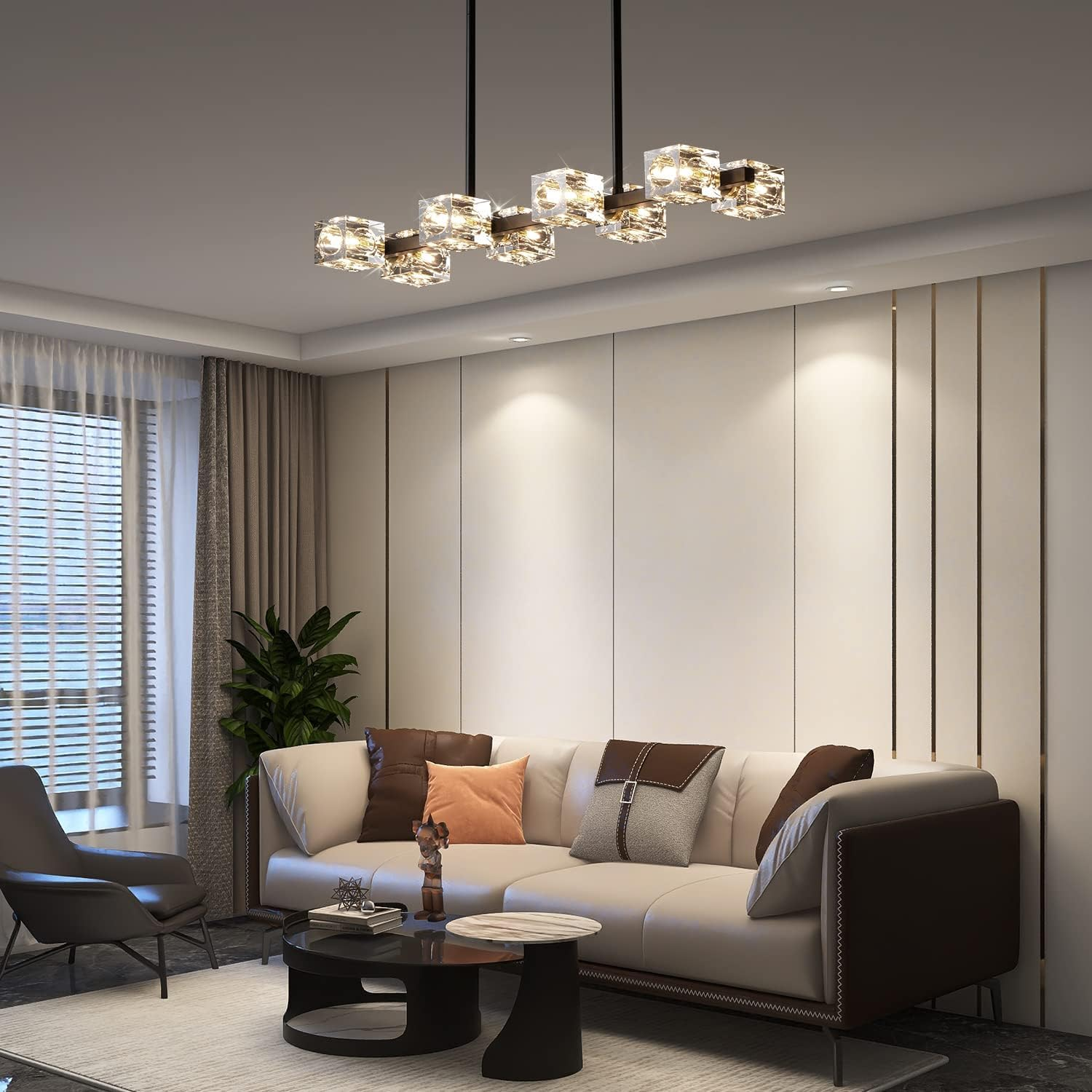 Modern Crystal Pendant Light, Black and Gold Linear Chandelier,8-Light Kitchen Light over Island,Dining Room Handing Ceiling Light Fixture for Living Room image number 3