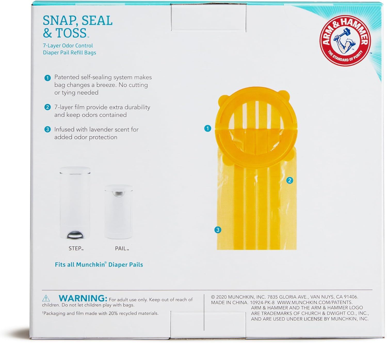 Munchkin Arm and Hammer Diaper Pail Bag Refills 20 Bags, Orange