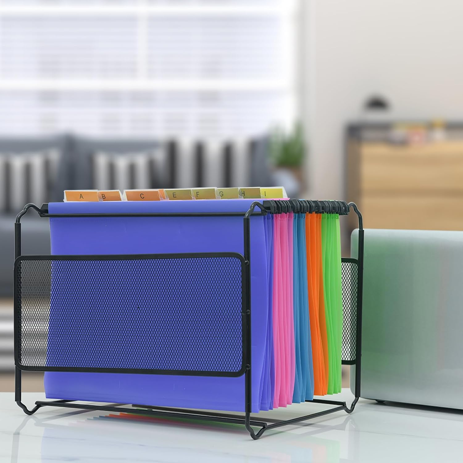 Merrynine Set of Suspension Files and Frame, 15PCS A4 Suspension Files with Tabs and Card, Black Metal Mesh A4 Suspension File Frame Desktop Hanging File Folder Organiser, 5 Color image number 5