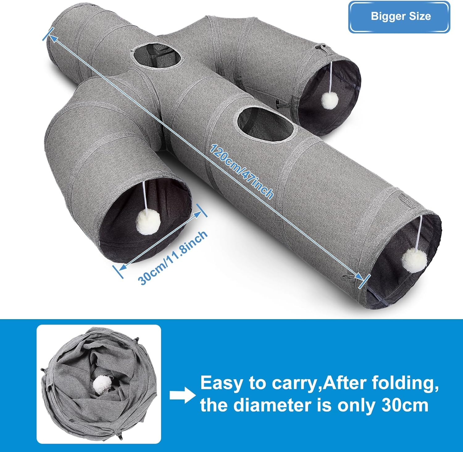 Ownpets Cat Tunnel Large 30CM Sturdy Oxford Fabric Cat Tunnel Toy, Cactus Shape Collapsible Cat Tunnels for Indoor Cats,Interactive Peek Hole Pet Tunnel Tube with Cat Wand Toy image number 3