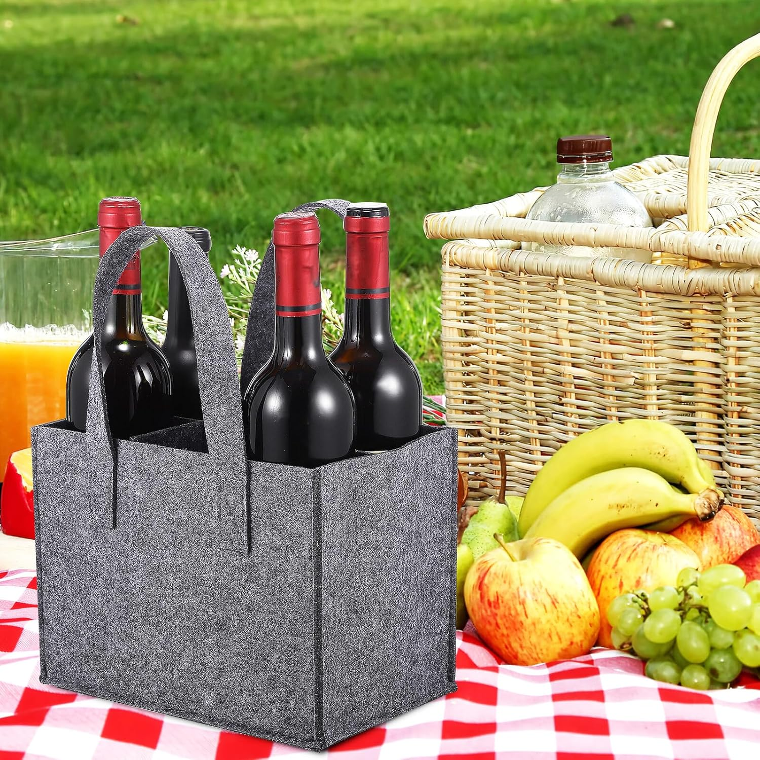 TOPPERFUN Felt Bottle Carrier Wine Handbag 6-Bottle Tote Bag 24X16X16Cm Thick Felt Material Portable Wine Storage Carrier for Travel Picnic Camping 4Pcs image number 4