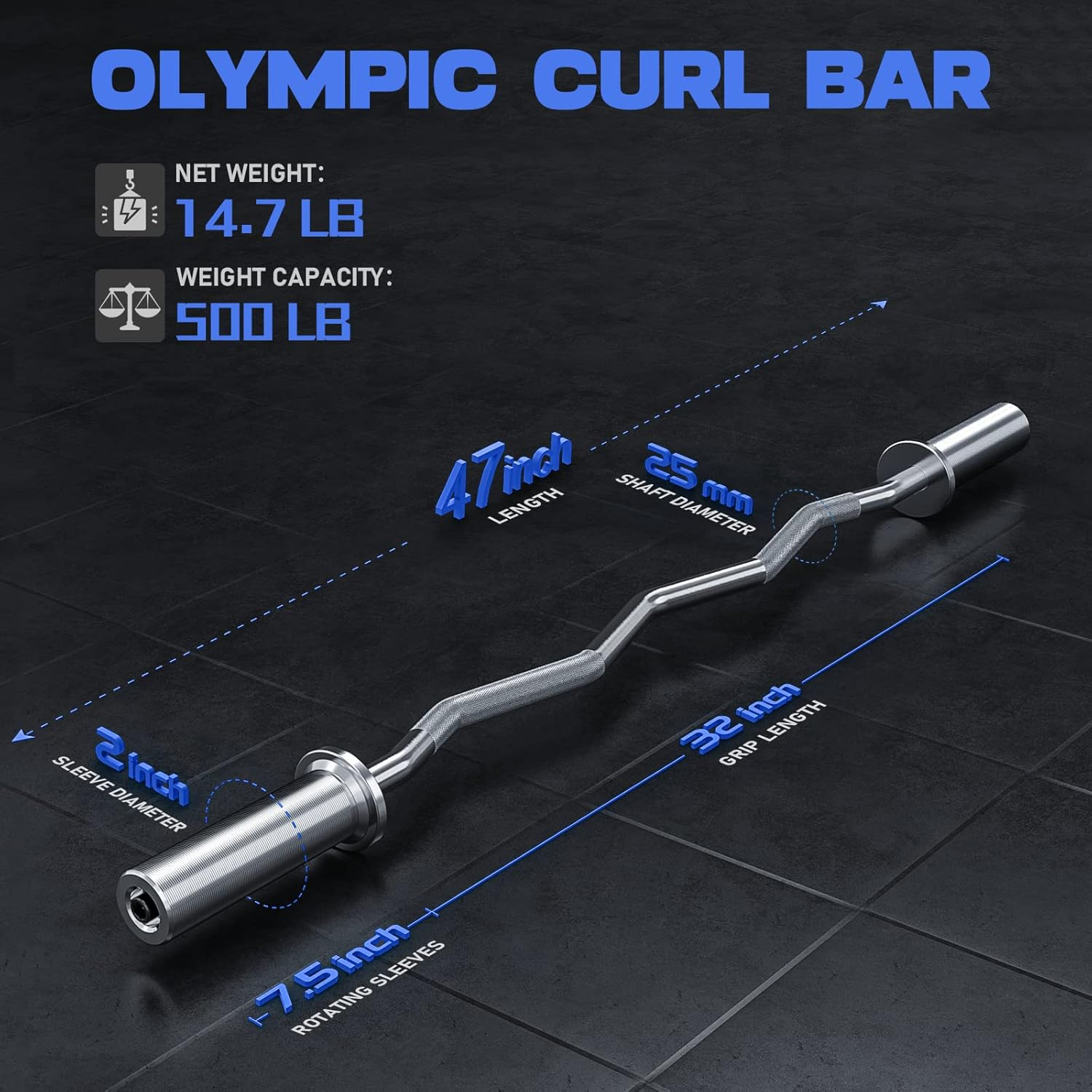 Olympic EZ Curl Bar, 47" Barbell Bar for Weight Lifting, Biceps, Triceps, Back/Leg Muscle Group Exercise,Chrome Curling Bar for 2 Inch Weight Plates,With 2 Spring Collars image number 2