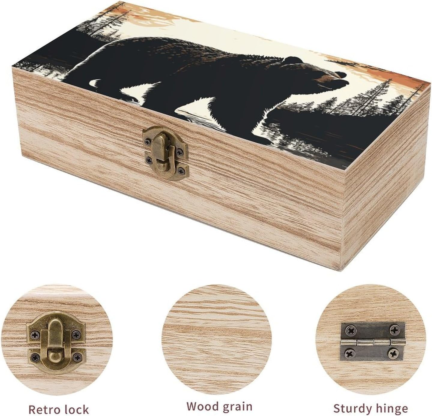 Bear Silhouette Wooden Box Wood Wedding Keepsake Boxes with Lids Small Decorative Boxes Lightweight Wooden Memory Storage Box for Crafts Keepsakes Jewelry Photo Letter Storage