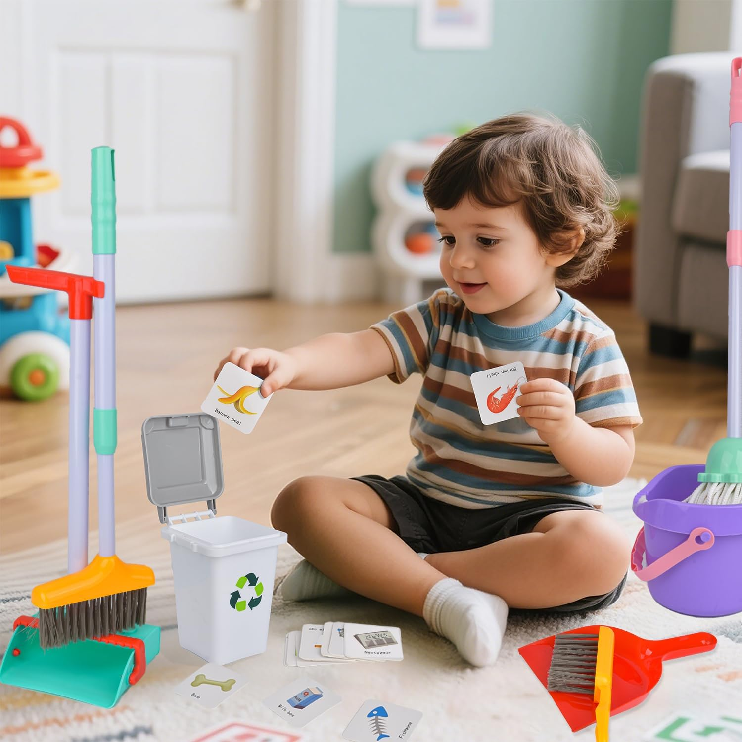 Detachable Kids Cleaning Toy Set - Broom, Mop, Dustpan, Brush, Rag Play, Housekeeping Kit, STEM Really Clean Toys Educational Toddler Pretend Play Toy Gift for Boys Girls-15Pcs image number 2