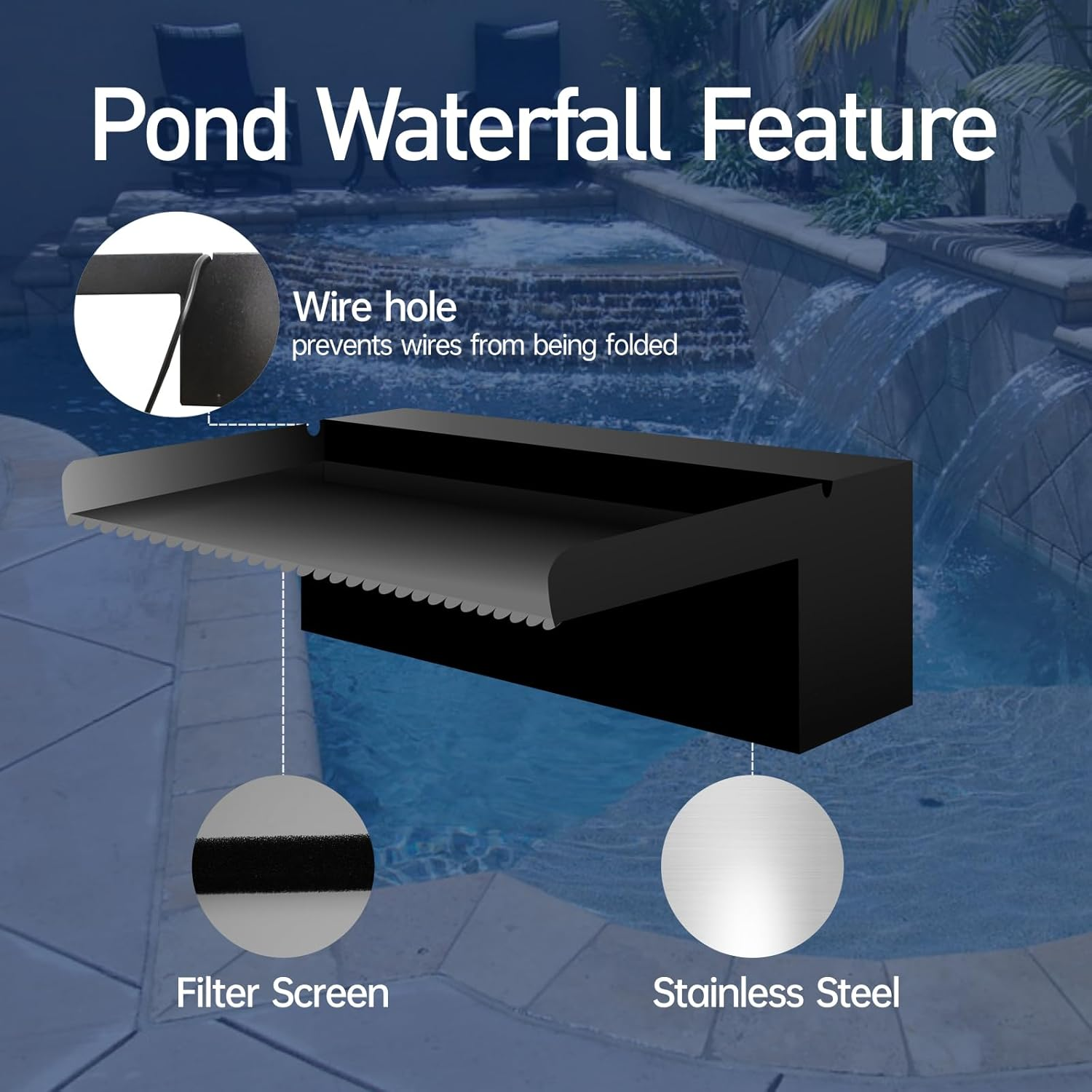 Pool Waterfall Spillway for Garden Ponds, Stainless Steel Water Flow Decor Pond Fountain Kit for Indoor/Outdoor Decorative, 30X20X10Cm Black Water Feature for Patio, Backyard (No LED Light) image number 2