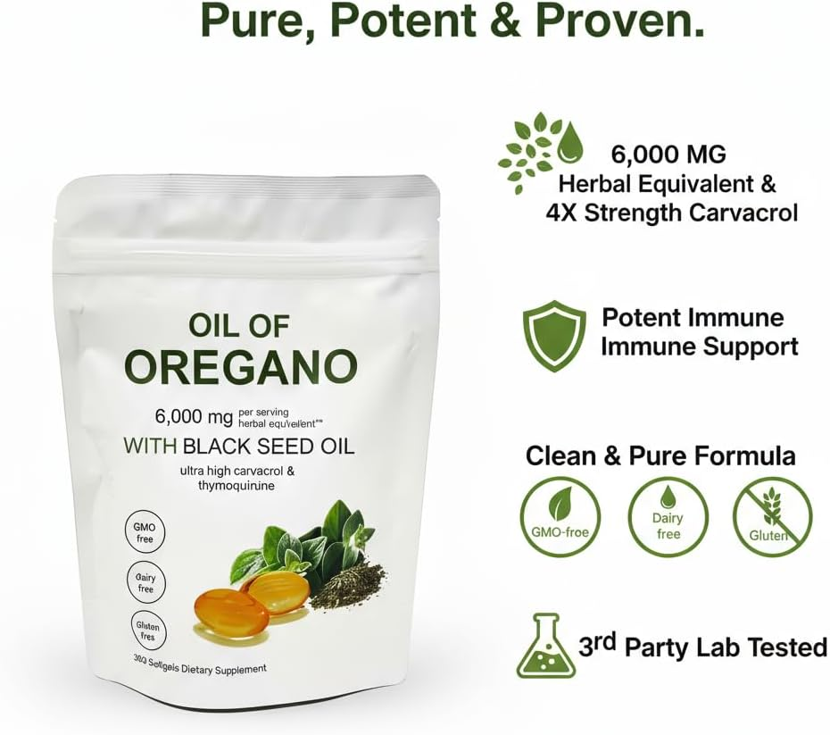 Oil of Oregano Softgels 6000Mg per Serving, 2 in 1 Formulated with Black Seed Oil 200Mg, 4X Strength Carvacrol & Thymoquinone | Plant Based, Non-Gmo & Immune Support (300 Softgels) image number 2