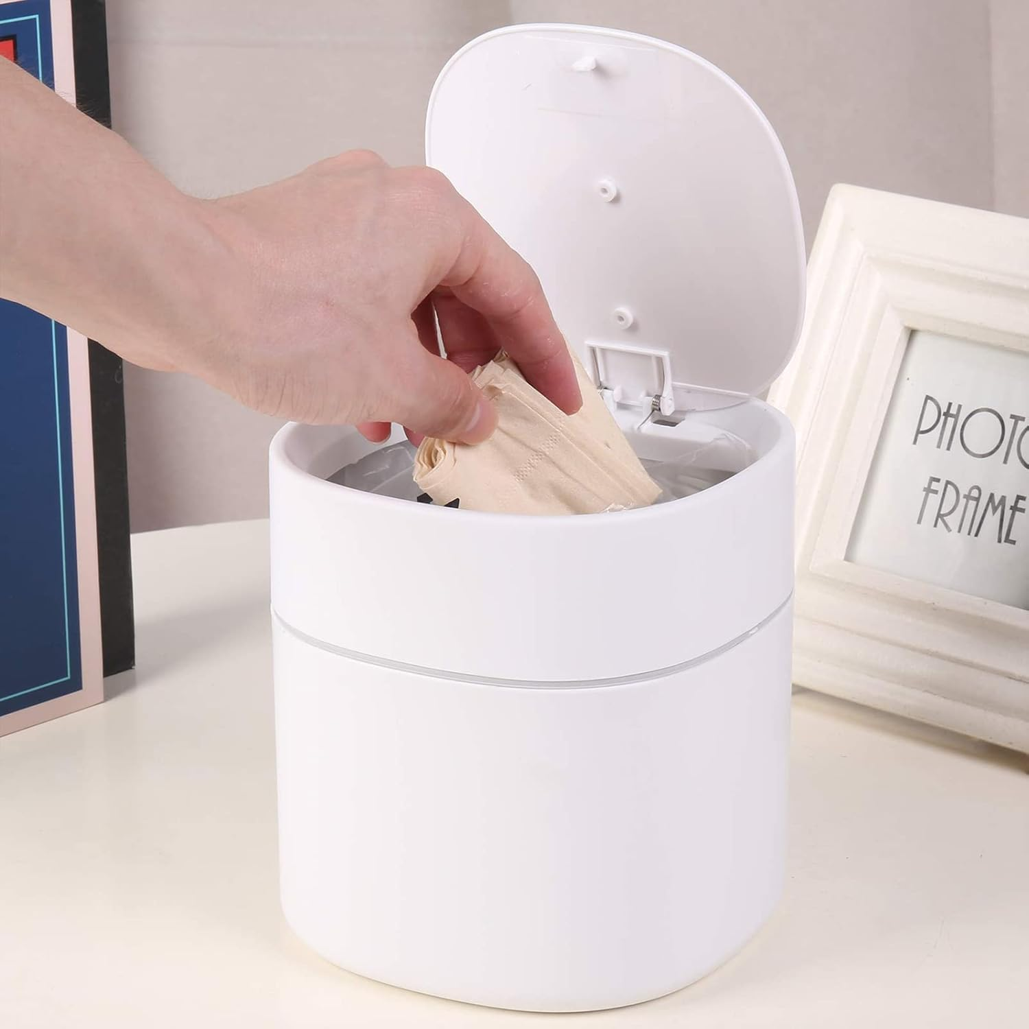 Skogfe Mini Desk Trash Can with Lid with Trash Bags 180 Pcs Press-Top 0.5 Gallon Tiny Countertop Waste Basket Small Table Garbage Bin for Desk Top image number 4