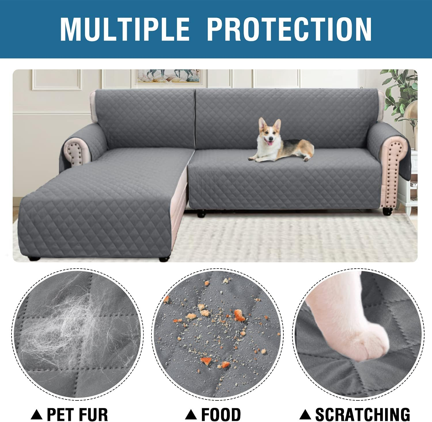 Smarcute L Shape Couch Cover for Sectional Sofa Chaise Lounge Sofa Cover Reversible Sofa Slipcover Non-Slip Water Resistant Furniture Protector for Dog (Large, Grey) image number 6