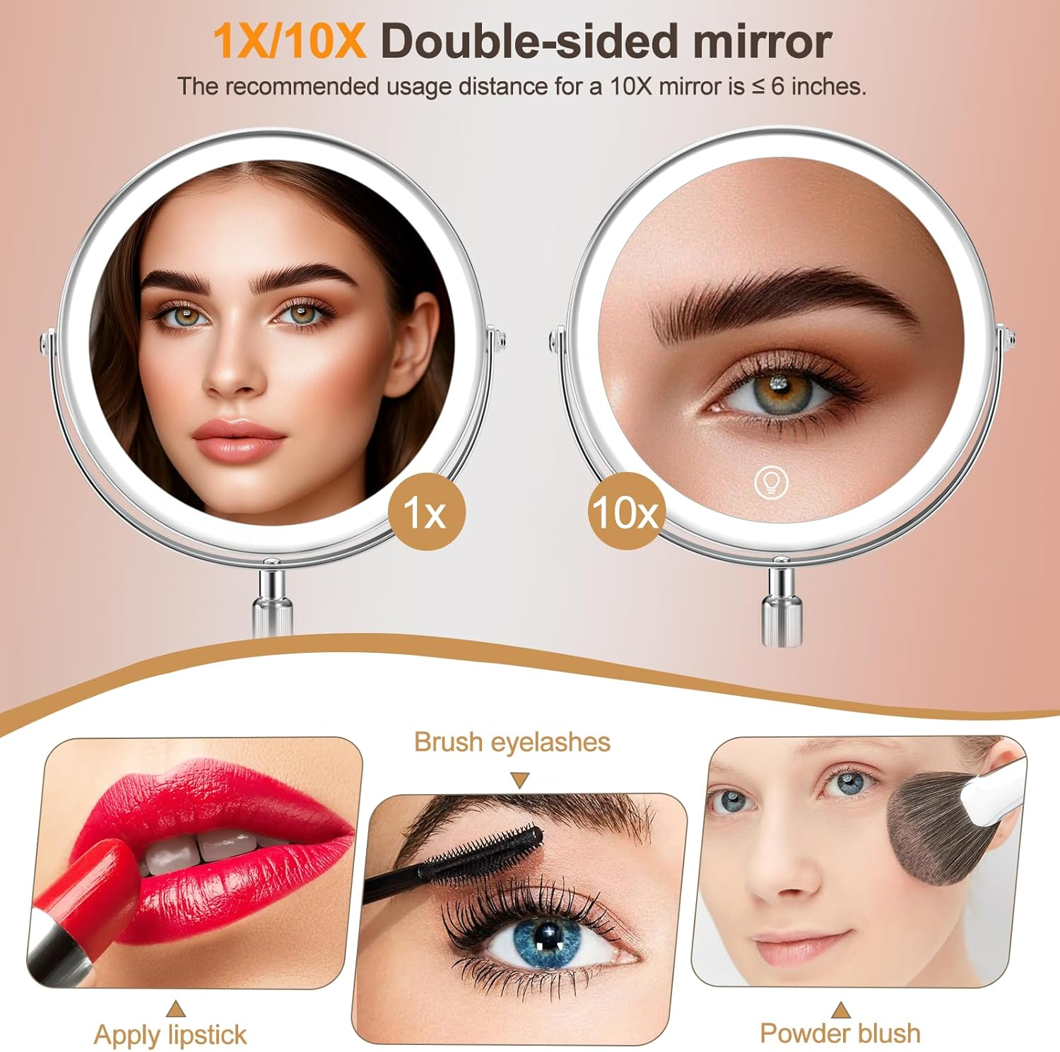 SURFOU 8 Inch Cosmetic Mirror with Lighting, 10X/1X Magnifying Mirror Double-Sided - 360&deg; Rotating & Removable Table Mirror for Makeup, Shaving, Bathroom and Travel image number 3