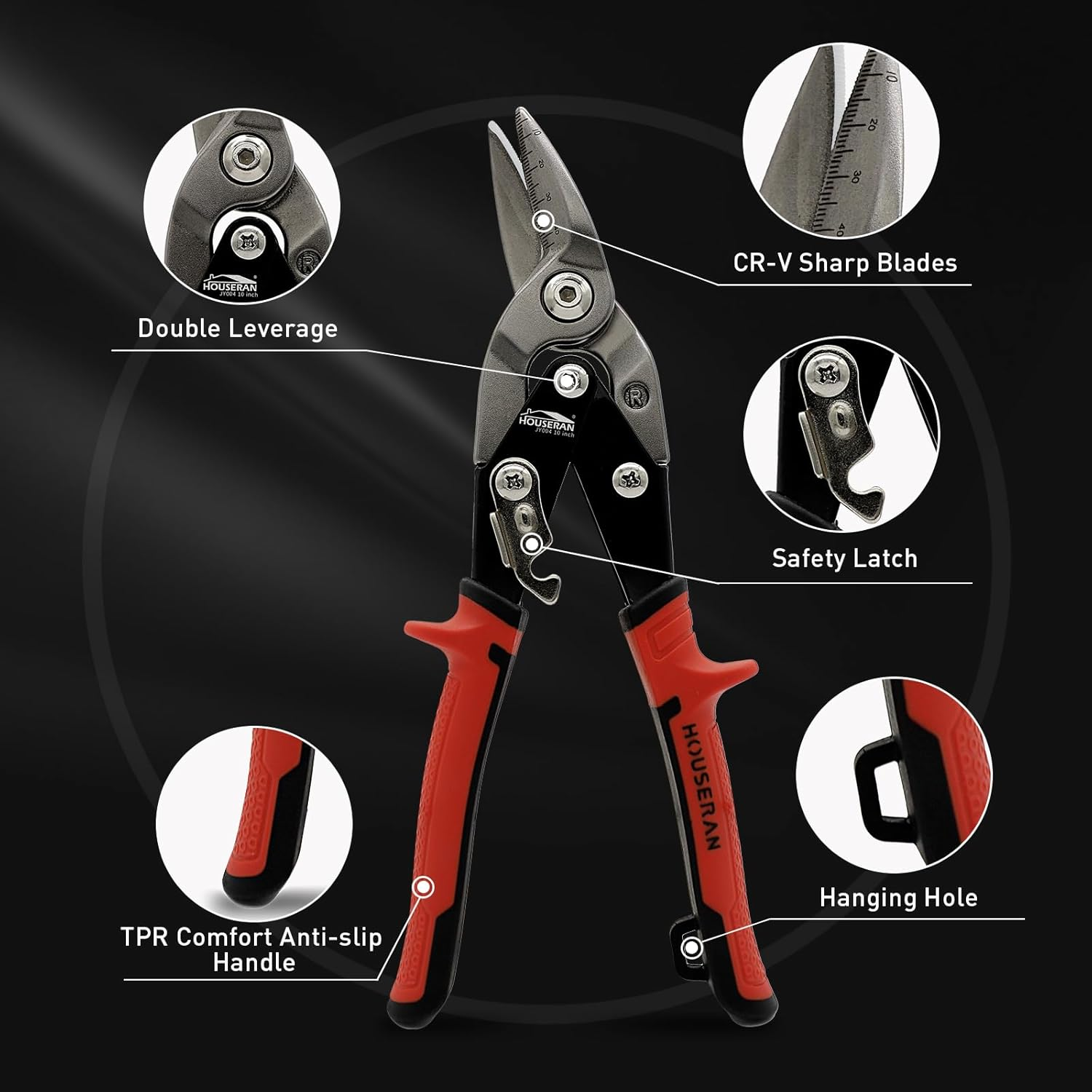 HOUSERAN 10 Inch Tin Snips, Right Cut Offset Aviation Snips, Heavy Duty CR-V Metal Cutter with Double Lever, Scale Markings & Safety Lock, Tinner Shears Scissors for Cutting Metal Sheet