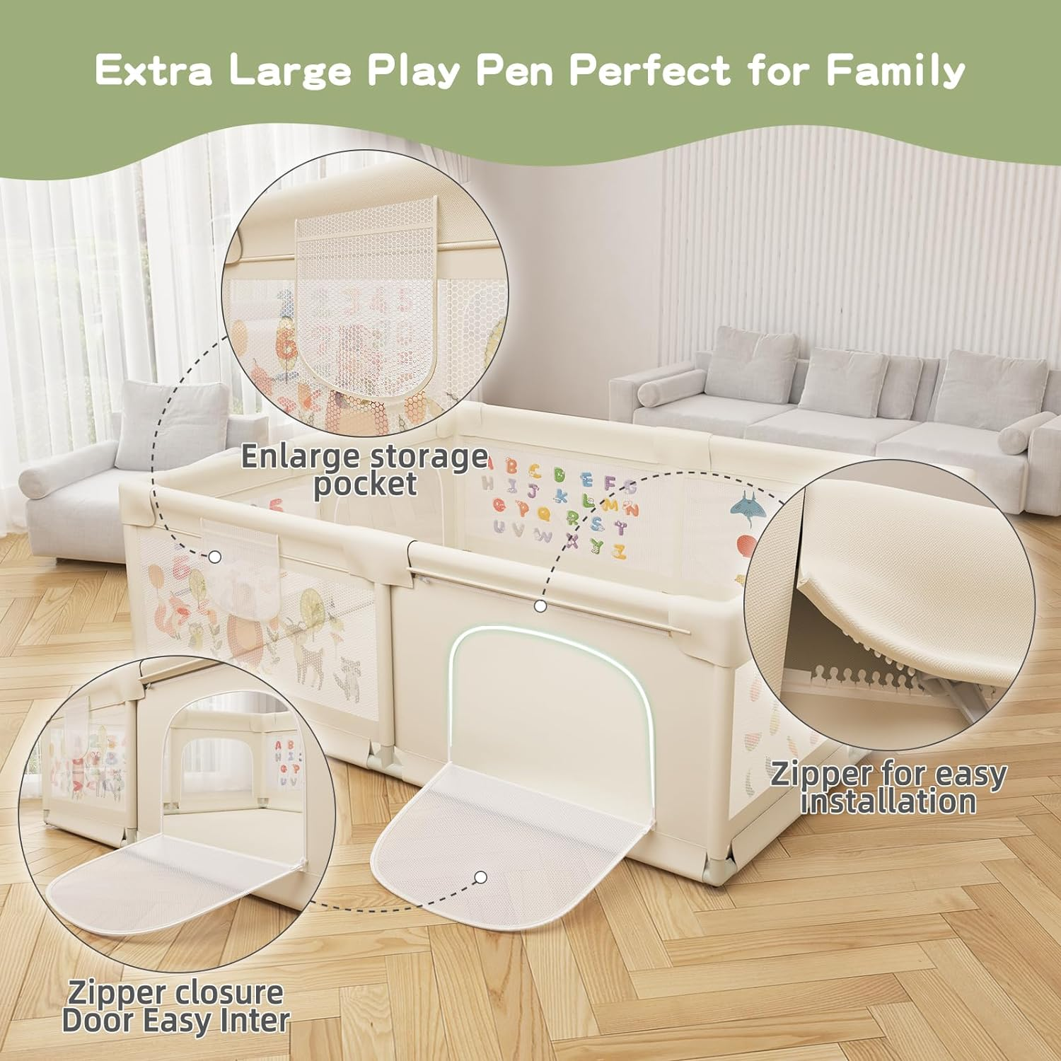 Baby Playpen 200 X 160 Cm, Extra-Large Non-Slip Playpens with Patterns, 50 Ocean Balls, 6 Pull Rings, Balls Storage Basket, Durable Zippered Door, Storage Bag for Outdoor Use (Beige) - Beige With Pattern image number 2