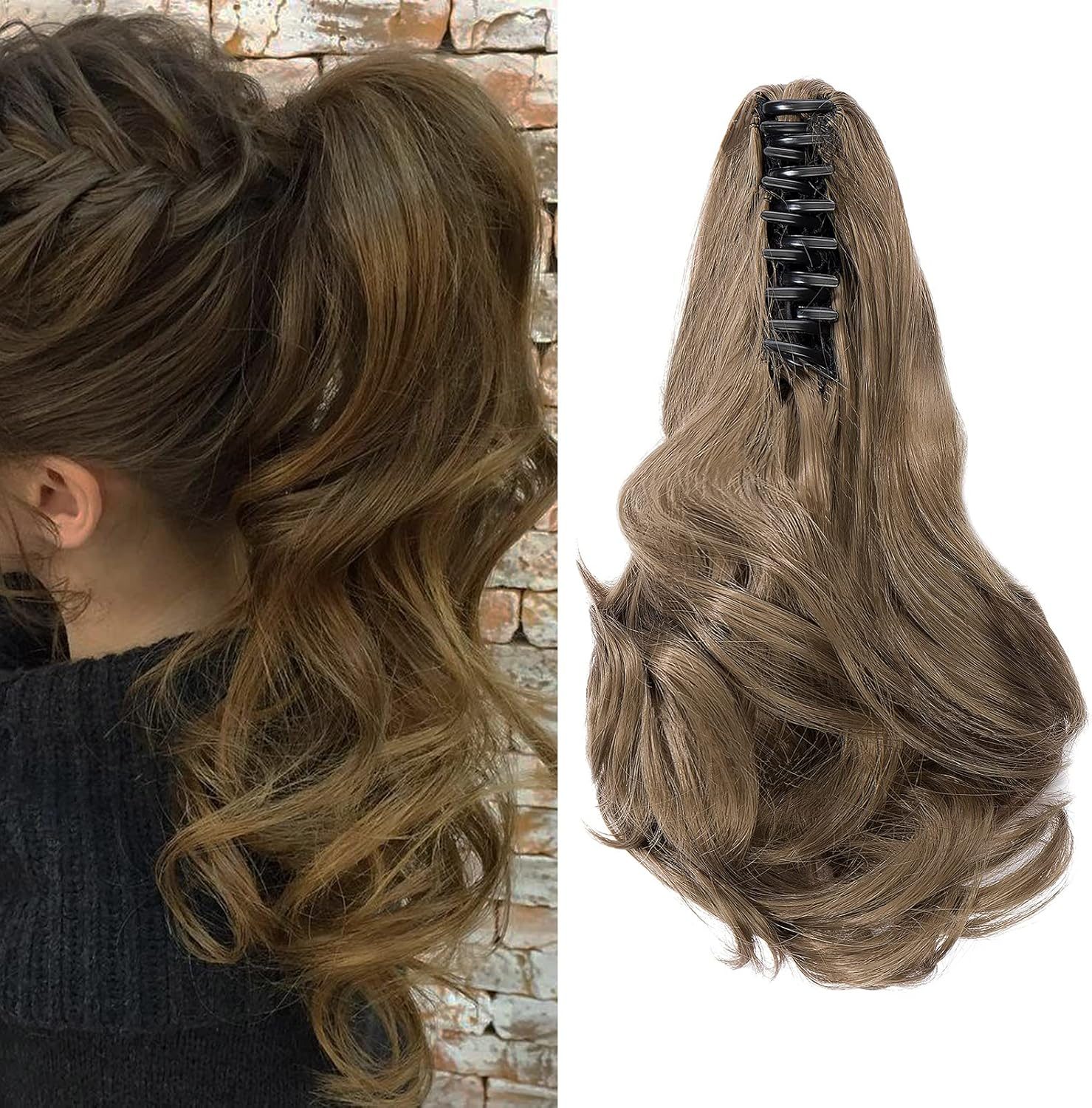 Cybelleza Clip-In Ponytail Extensions Braid Hairpiece Claw Ponytail Hair Extensions like Real Hair Wavy Curly Synthetic Hair Long Hair Heat Resistant Dark Brown