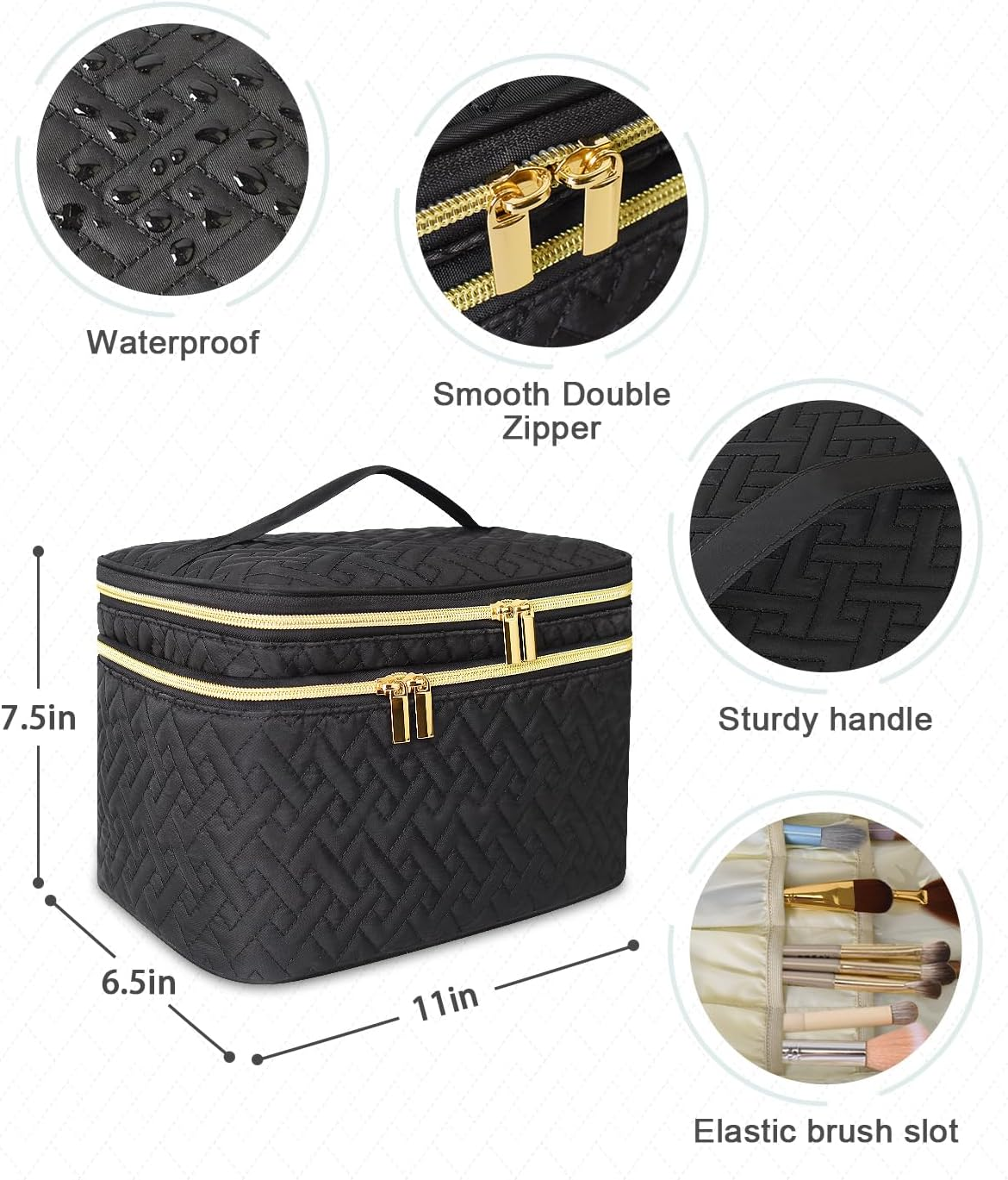 Makeup Bag Organiser for Women, Large Double Layer Cosmetic Make up Bag with Brush Compartment, Portable and Water-Resistant Toiletry Bag Travel Essentials, Black image number 3