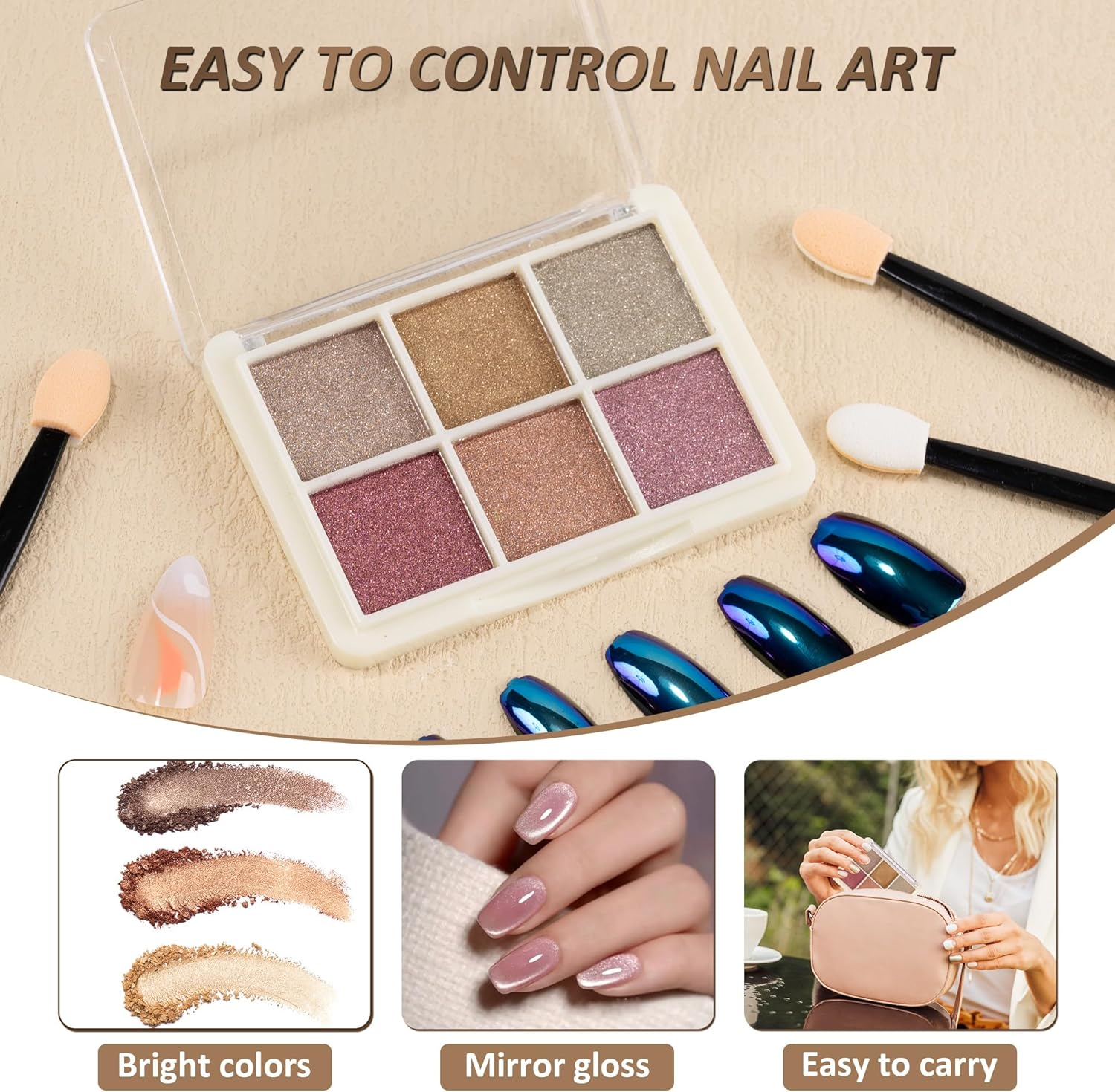 6 Grid Chrome Nail Powder Holographic Nail Powder Metallic Mirror Effect Pigment Pulver Solid Fingernail Dyestuff Multicolor Palette Aurora Dust for Gel Agnail Art Decoration Resin Craft Gifts