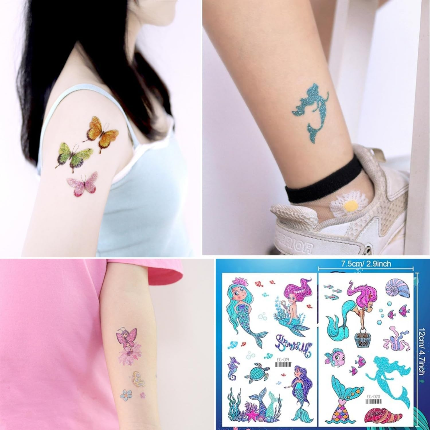Taicols Glitter Temporary Tattoo for Girls, 24 Pcs Sheets Butterfly Mermaid Fairy Flowers Tattoo Stickers for Kids, Waterproof Fake Tattoos for Birthday Party Favors Goodie Bags Stuffers Party Fillers image number 2
