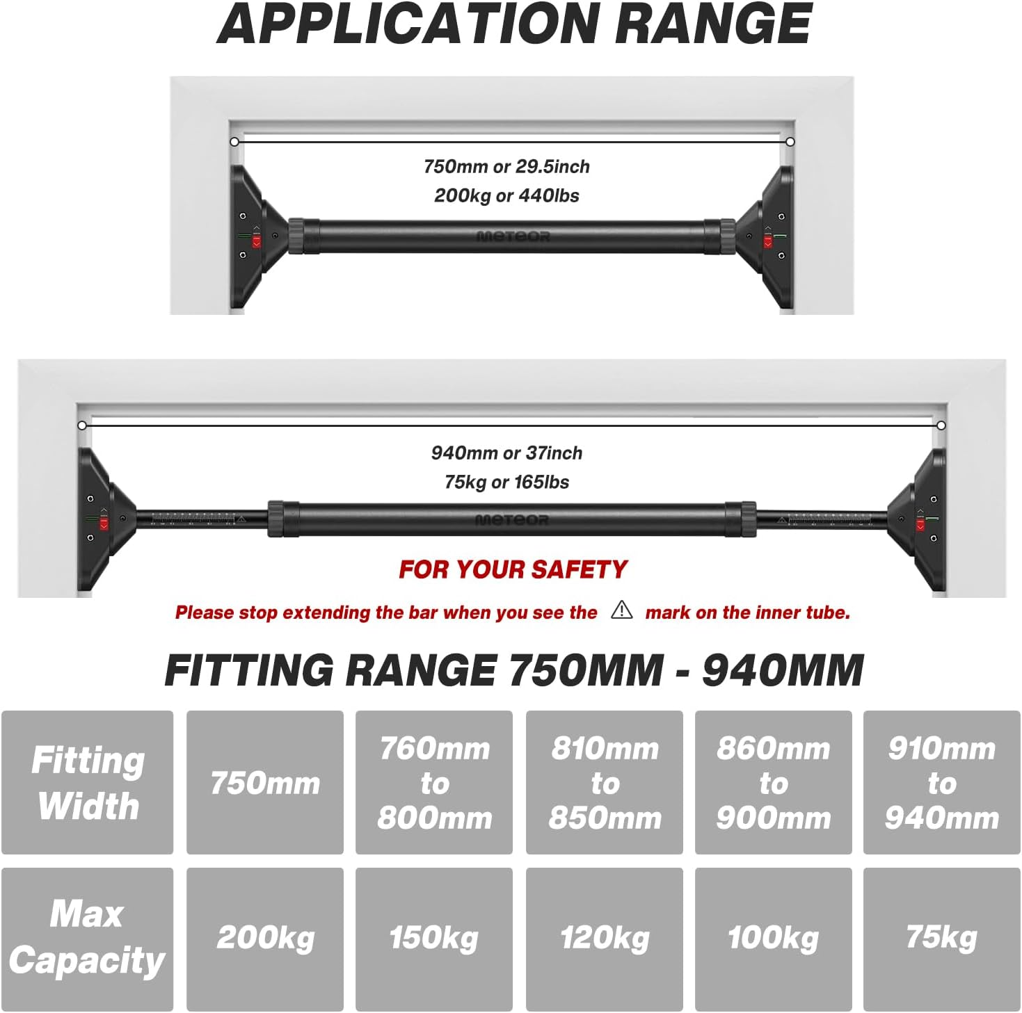 METEOR Doorway Pull up Bar, Fitting Width 75-94Cm, 200Kg Capacity, Drill-Free, Adjustable Length, Chin up Bar, Push up Bar, Abdominal Training Door Bar image number 2