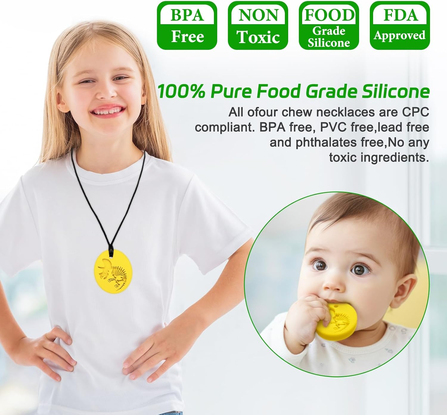 MR.TIMELAG Chew Necklace, 4 Pack Sensory Chew Necklace Bundle for Kids with Teething, ADHD, Autism, Oral Motor Chewy Teether, for Boys&Girls,Silicone Necklace Made from Food Grade Silicone Safety