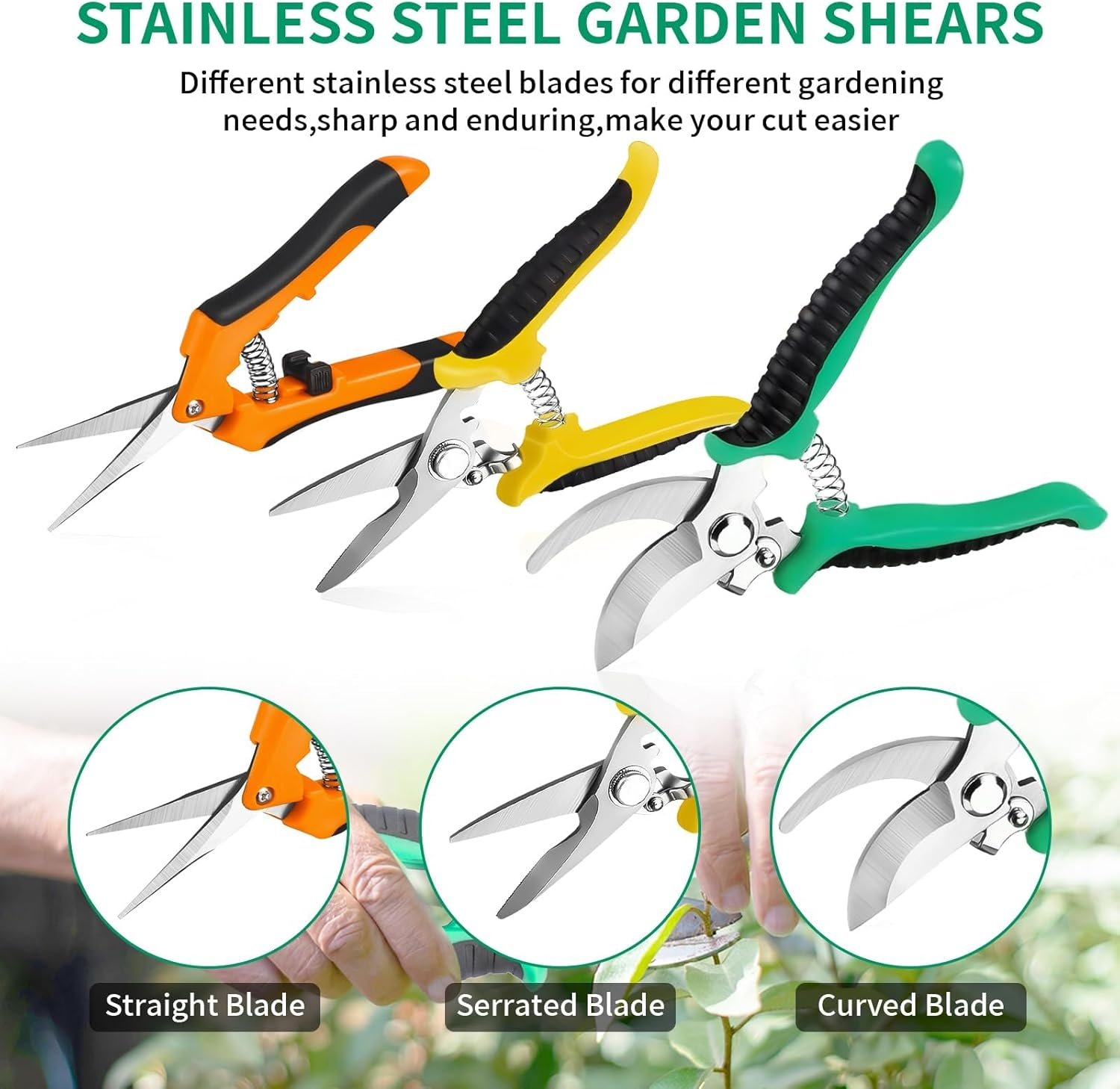 3 Pack Garden Pruning Shears, XICEN Stainless Steel Blades Handheld Pruners Set with Gardening Gloves, Handheld Scissors, Heavy Duty Garden Bypass Pruning Shears, Tree Trimmers Secateurs, Hand Pruner image number 6