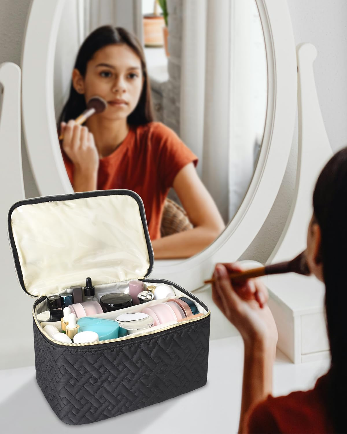 Makeup Bag Organiser for Women, Large Double Layer Cosmetic Make up Bag with Brush Compartment, Portable and Water-Resistant Toiletry Bag Travel Essentials, Black image number 6