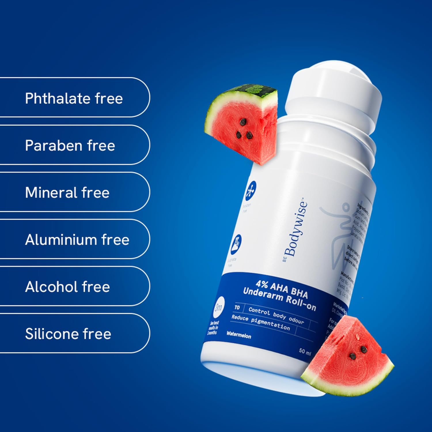 Be Bodywise 4% AHA BHA Underarm Roll on Deodorant | Watermelon Fragrance | with 1% Mandelic Acid, 2% Lactic Acid & Alpha Arbutin | Prevents Body Odour, Fades Pigmentation, Kills Bacteria | 50Ml image number 2