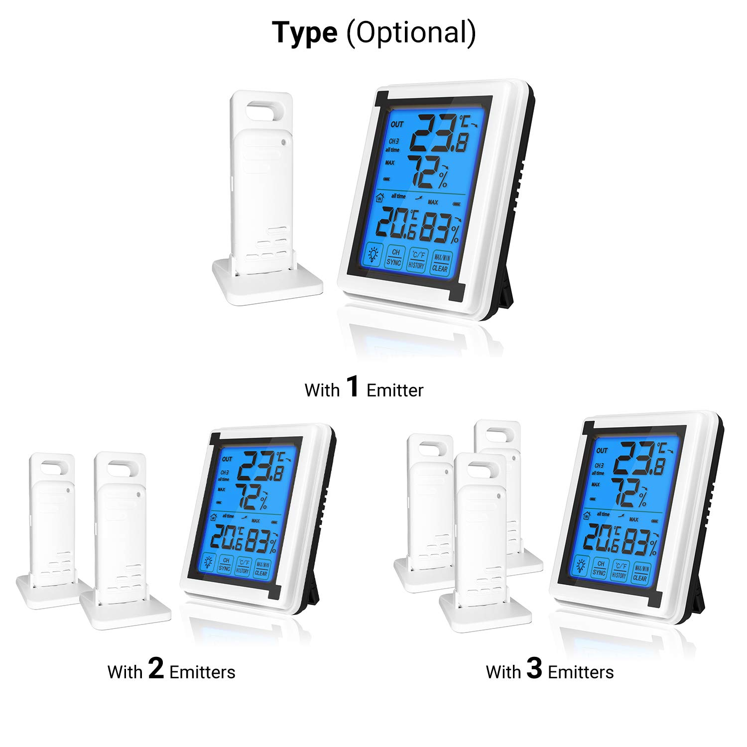 Indoor Digital Hygrometer Large Display Screen Weather Station Hygrothermograph with 3 Emitters image number 2