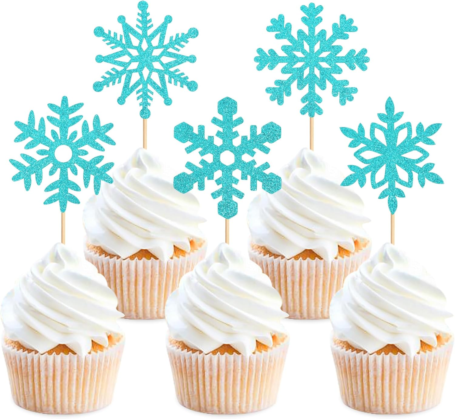 24 PCS Snowflake Cupcake Toppers Silver Glitter Winter Frozen Theme Cupcake Picks Baby Shower Kids Birthday Party Christmas Cake Decorations Supplies