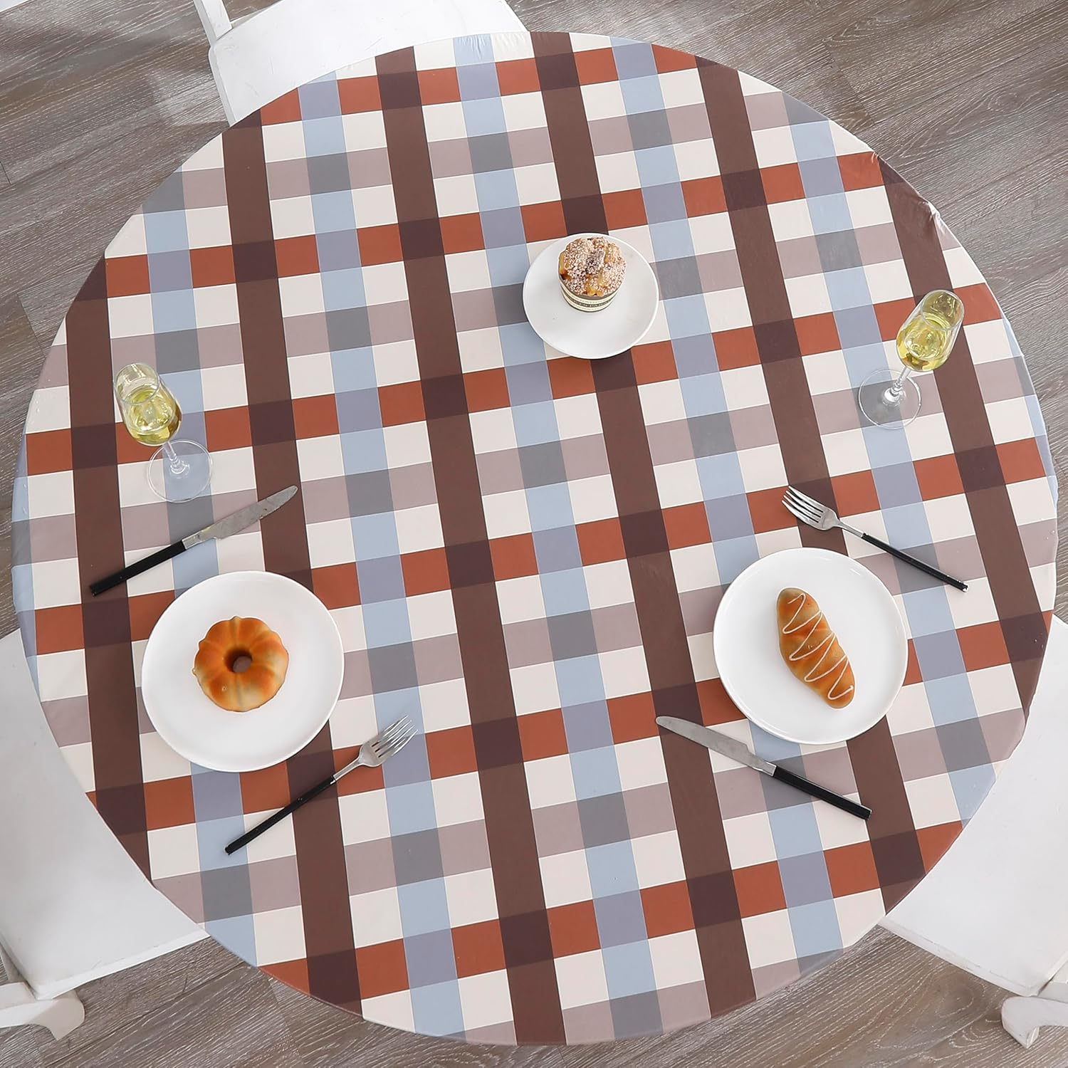 Round Vinyl Fitted Tablecloth with Flannel Backing Elastic Edge Design Table Cover Waterproof Oil-Proof PVC Table Cloth Stain-Resistant Wipeable for round Table