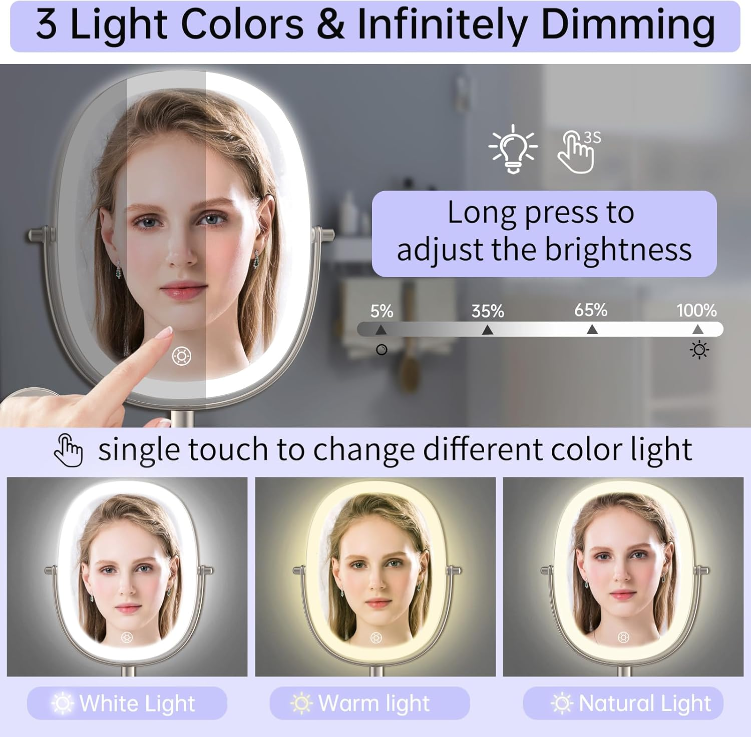FUNTOUCH Rechargeable Wall Mounted Lighted Makeup Mirror, Oval Double-Sided Mirror 1X/10X Magnifying Mirror,3 Color Lights Touch Screen Dimmable 360&deg;Swivel 13 Inch Extendable,Nickel image number 1
