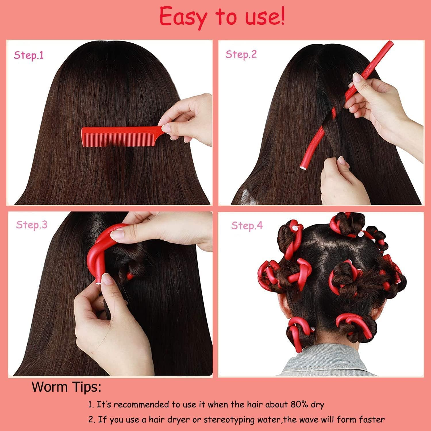 10 Pcs Heatless Hair Curler Flexible Curling Rods,Heatless Curls Rods Soft Twist Foam Hair Rollers for DIY Hair Styling Hair Salon Short, Medium and Long Hair(Red 0.55 * 9.5 Inch)