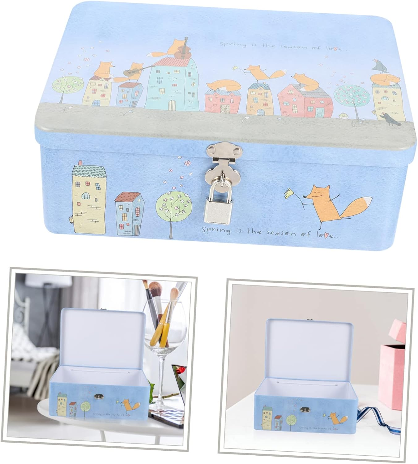Vintage Tin Box Lock Large Portable Storage Keepsake Box Desktop Organizer for Home Office Use Key Lock image number 3