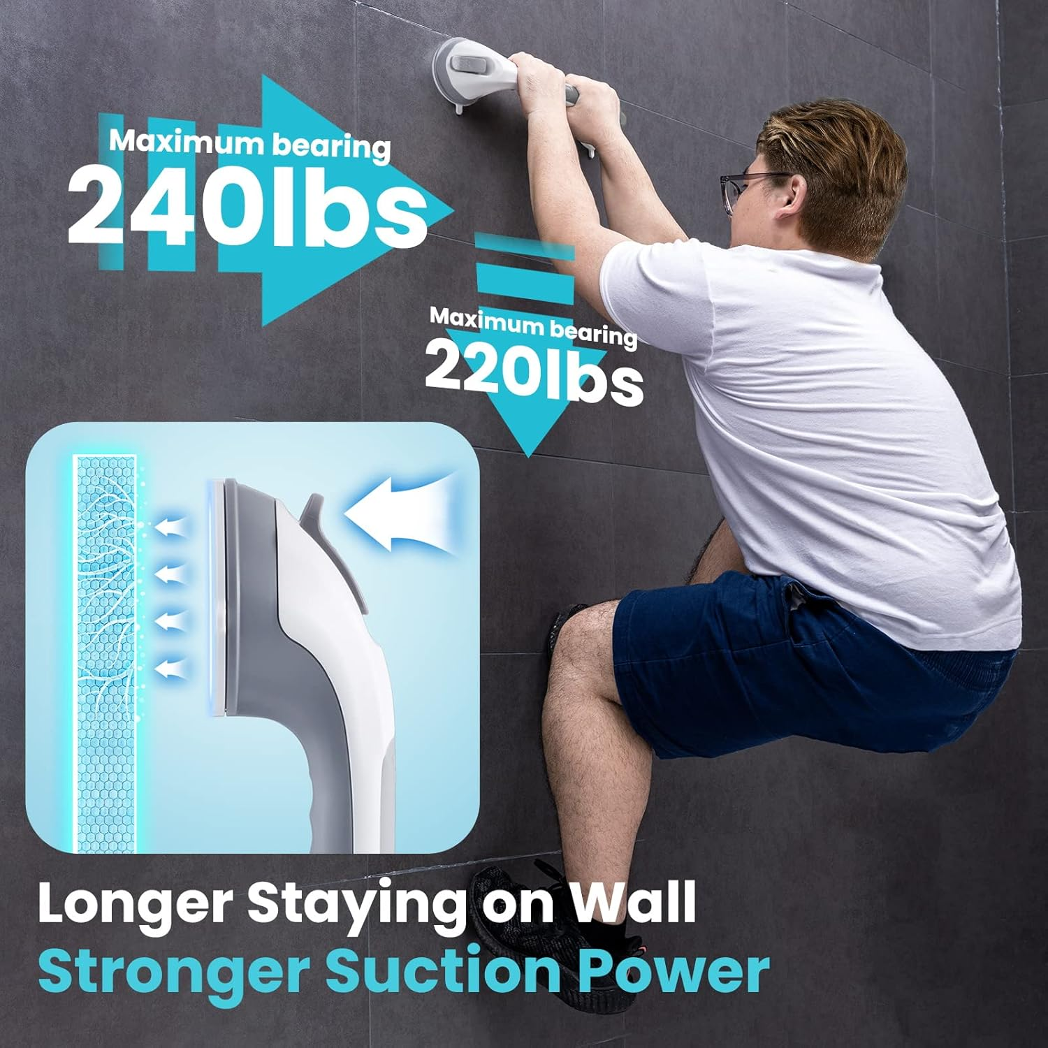 TAILI Grab Bars for Bathtubs and Showers 2 Pack Suction Grab Bar, Heavy Duty Shower Handle Removable Bath Handrails for Seniors and Elderly, Bathroom Safety Grip No Drilling Waterproof,Grey image number 3