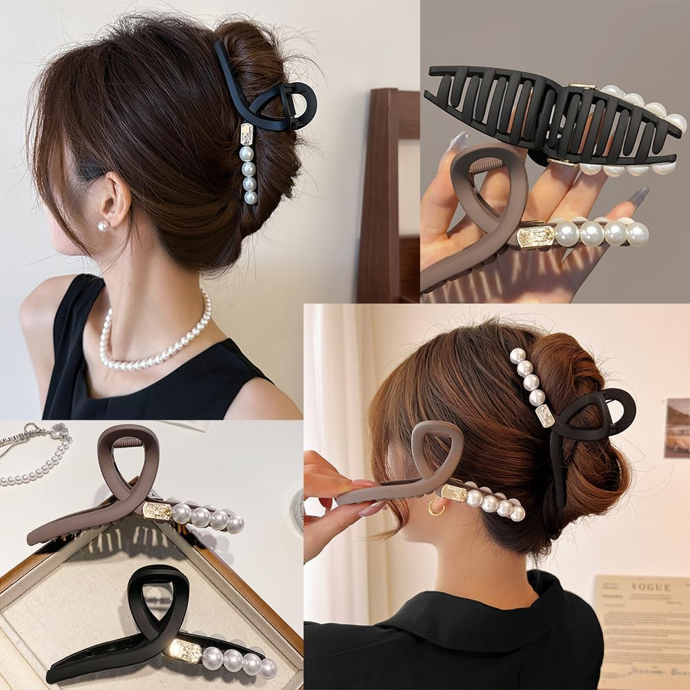 2 Pack Large Pearl Hair Claw Clips for Women - Strong Hold, Nonslip, Jumbo Hair Accessories for Thick, Thin, Curly Hair - Black and Brown Hair Clips with Storage Bag