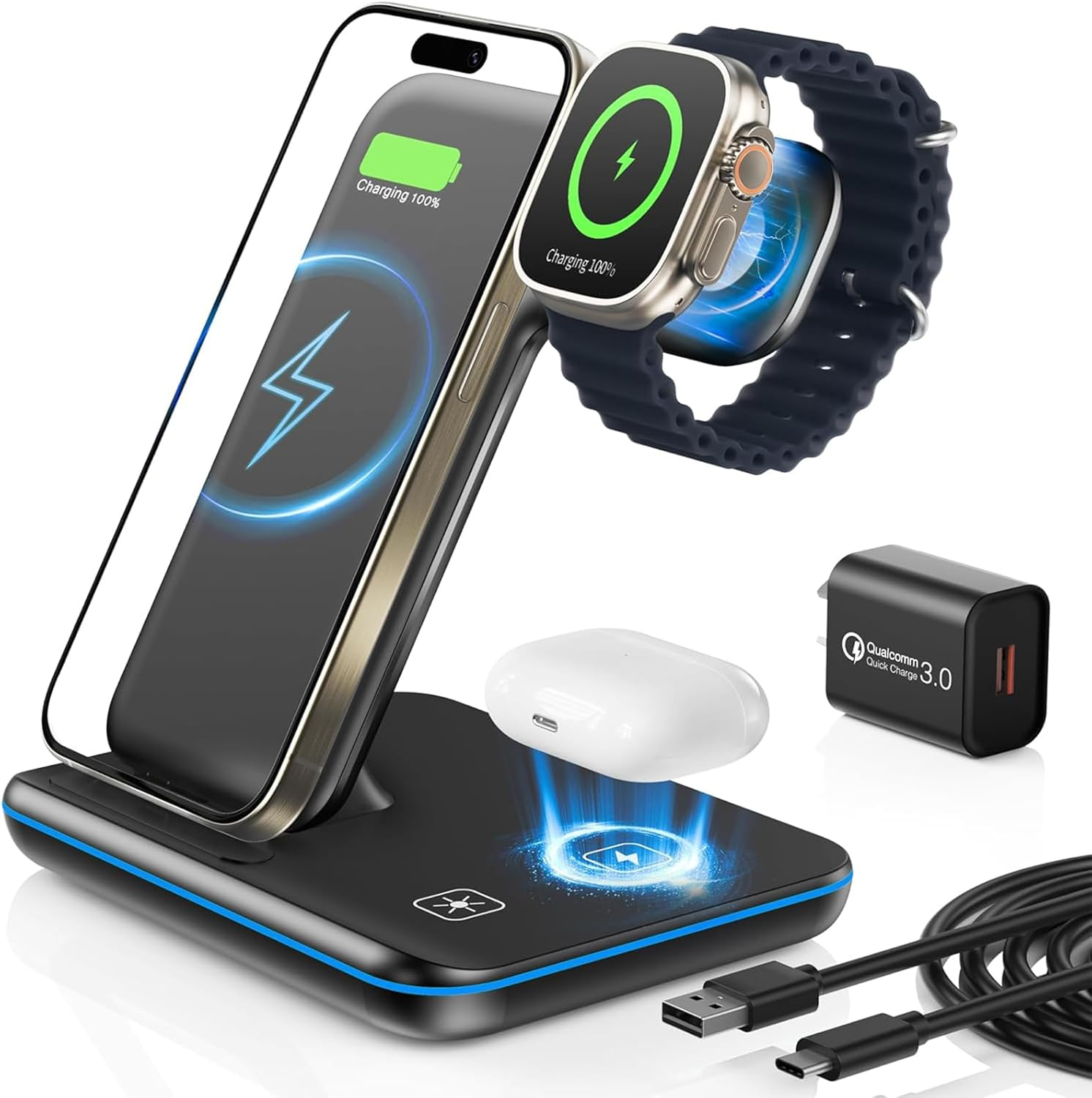 3-In-1 Wireless Charger for Apple, 15W Fast Wireless Charging Station, 3 In1 Wireless Charger Dock Compatible with Iphone 16/15/14, Airpods, Apple Watch, Iwatch 10/9/8